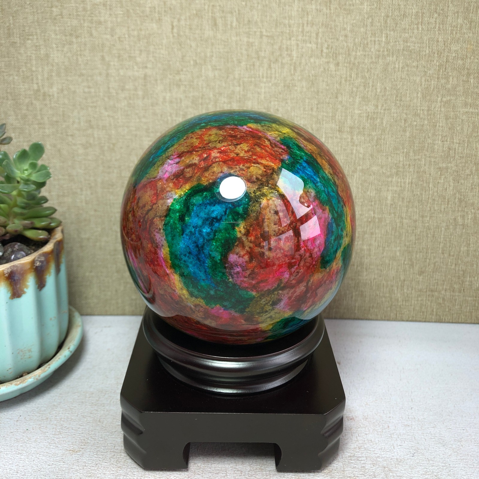 Natural “Seven Colors Jade” sphere flat bottom specimen Taiwan China 99mm A4577