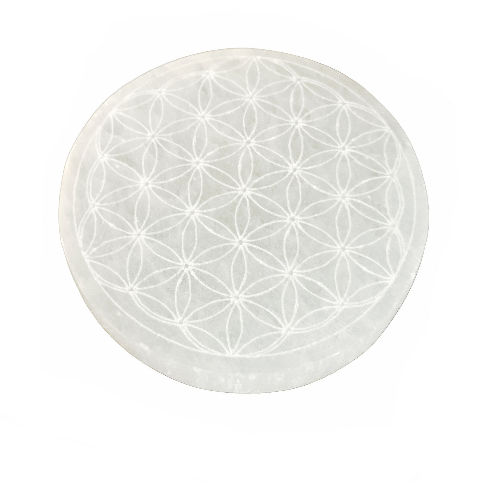 Selenite Crystal Charging Plate 3 ” Sacred Geometry Engraved Circle Disc Reiki