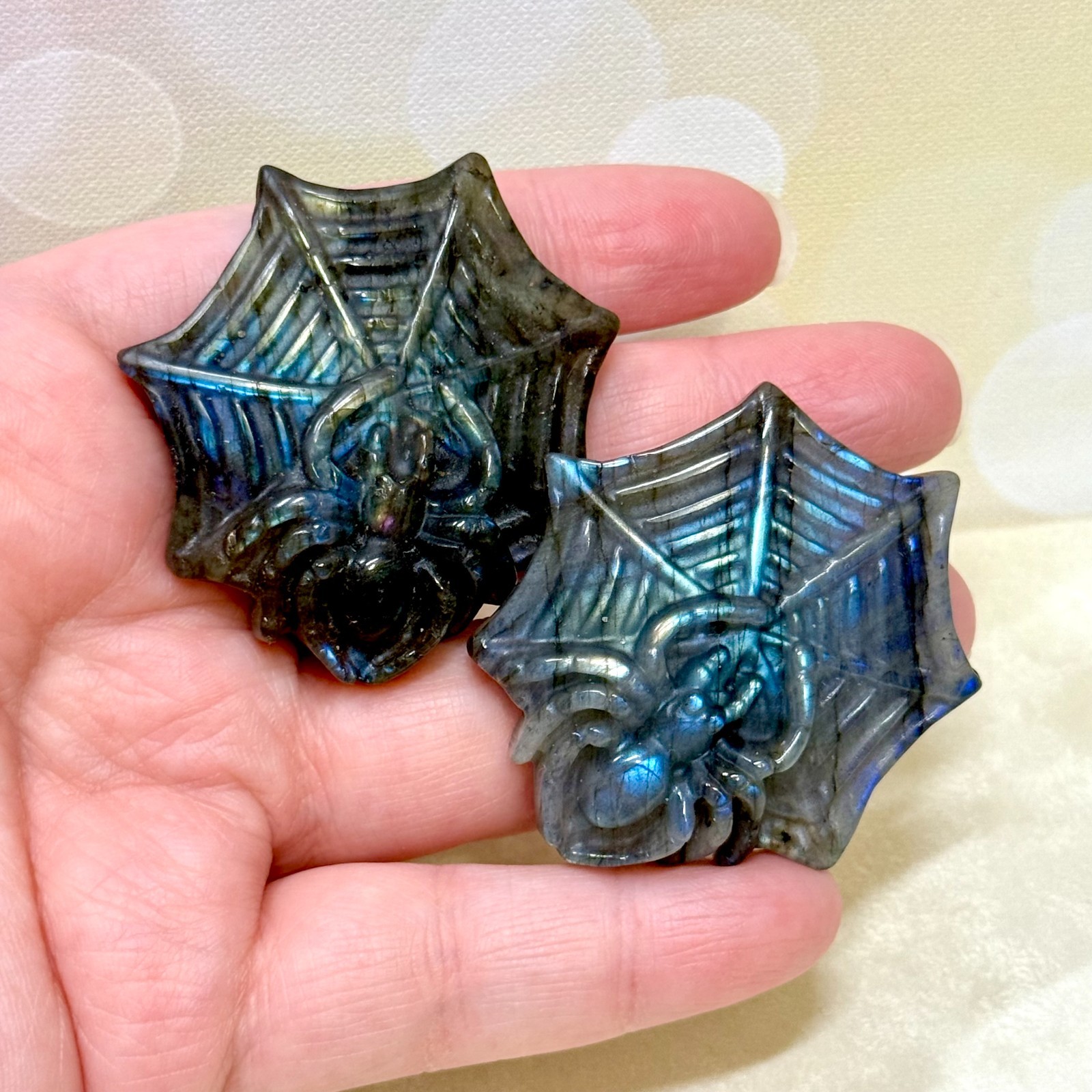 Labradorite Spider Web Crystal Carving – Natural Gemstone Carved Cabochon 1.8″