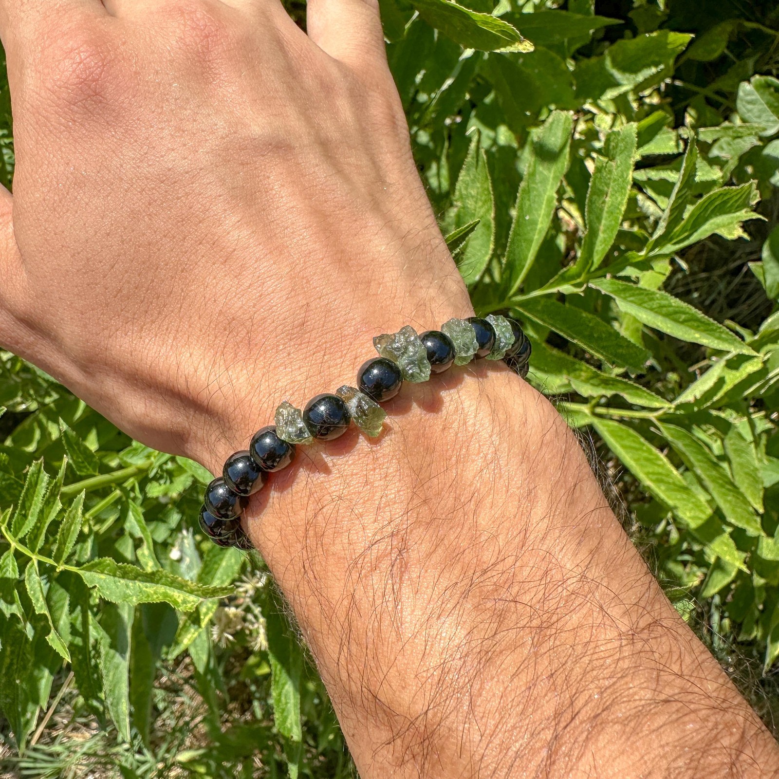 Black Tourmaline + Moldavite Bracelet / Raw Natural Green Czech Republic Tektite