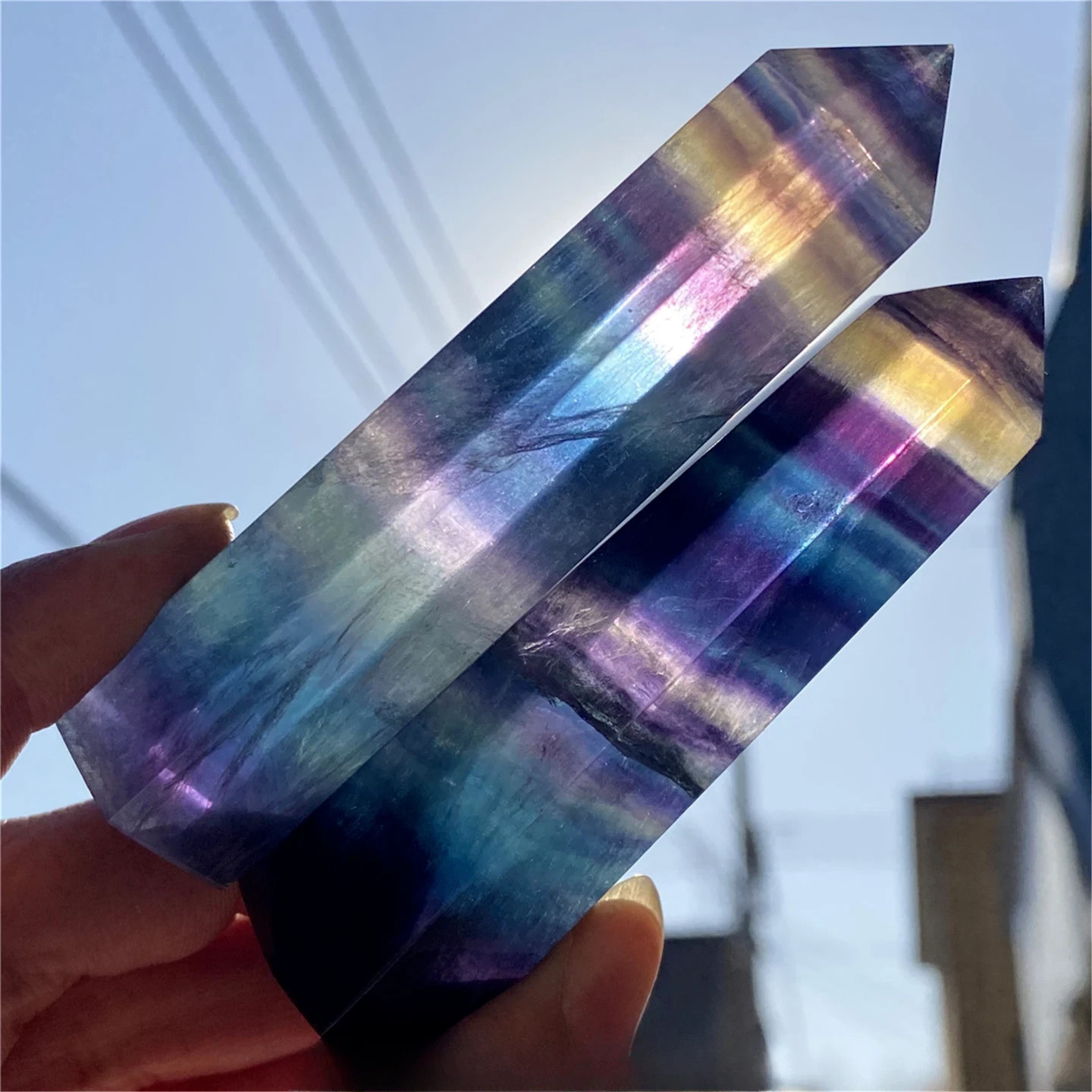 Natural Rainbow Fluorite Crystal Wand Obelisk Reiki Tower Point Home Decor Gift