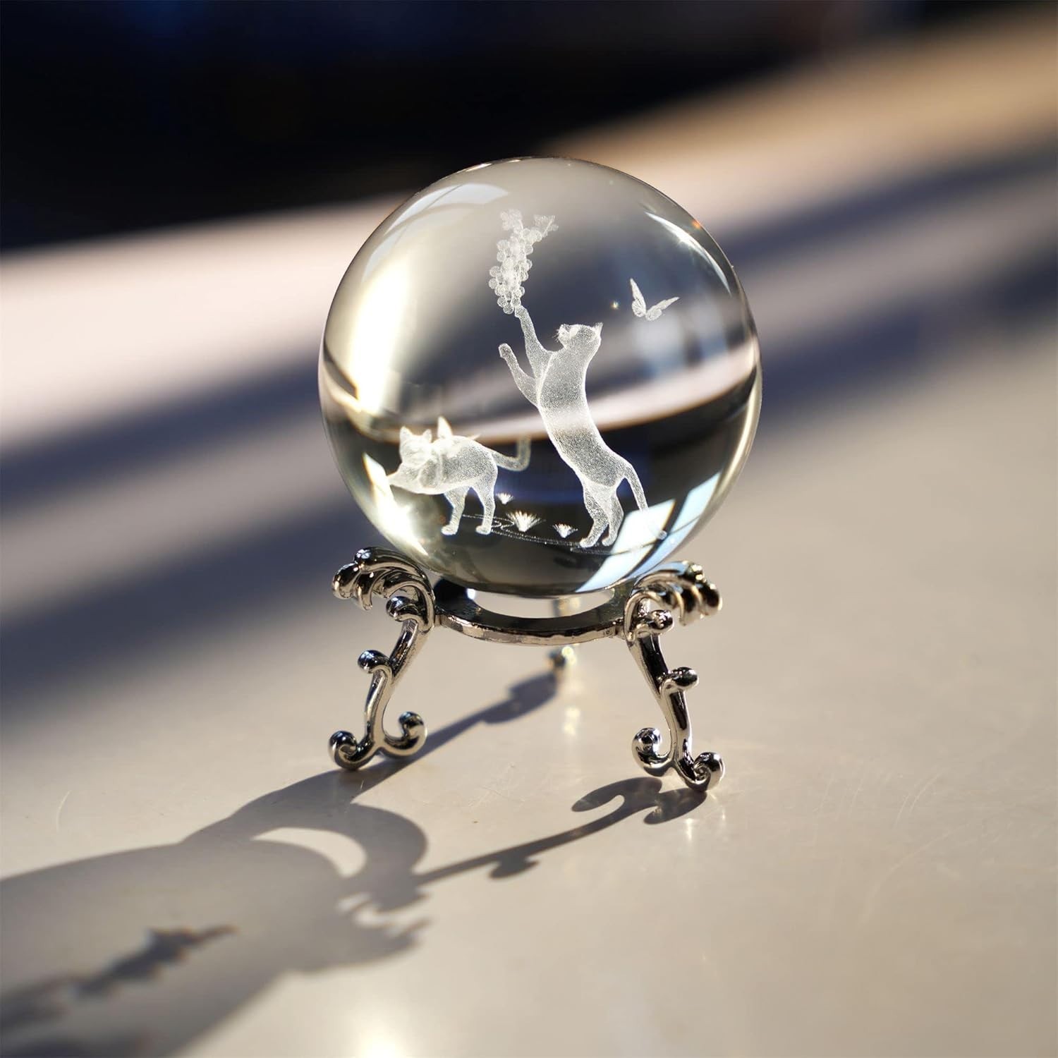 Cat Crystal Ball with Stand 60mm 3D Laser Engraved Decorative Ball Glass Sphe…