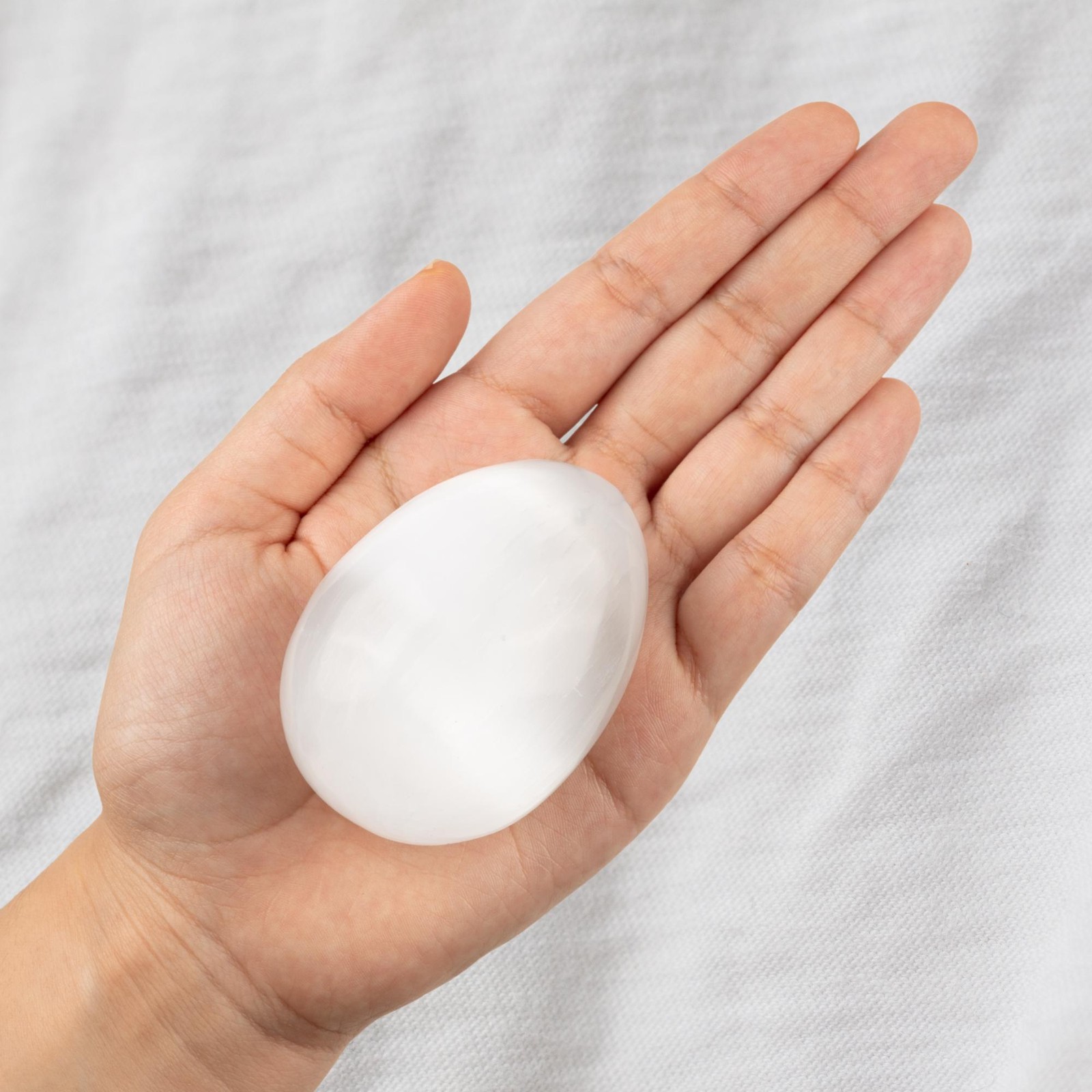 Selenite Egg with Wooden Tripod Stand Polished White Crystal Charging Stone Gift