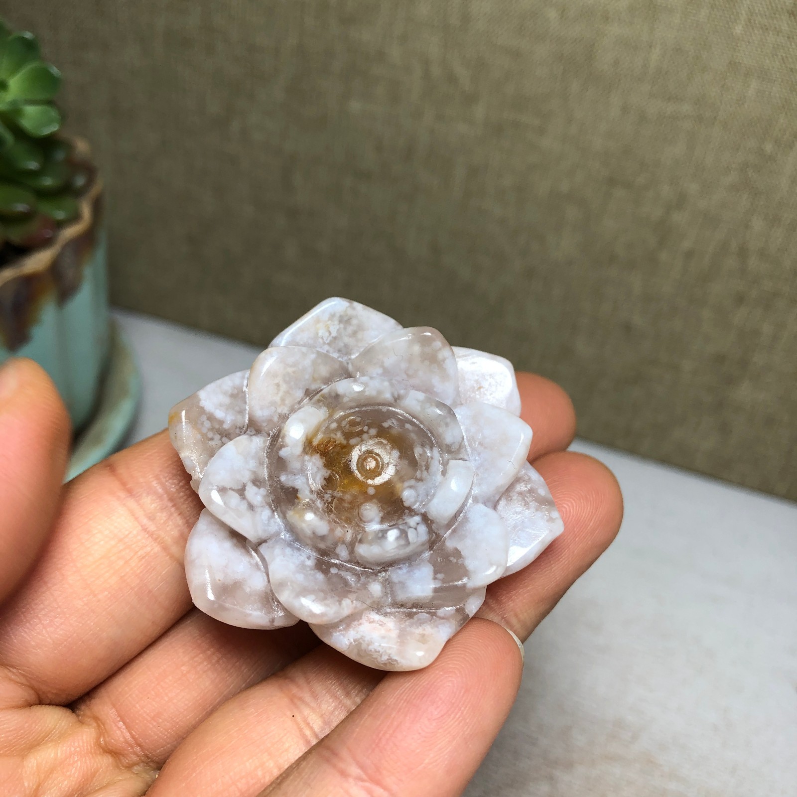 44mm Natural cherry blossom agate Hand carved flower Crystal specimens 38g A4456