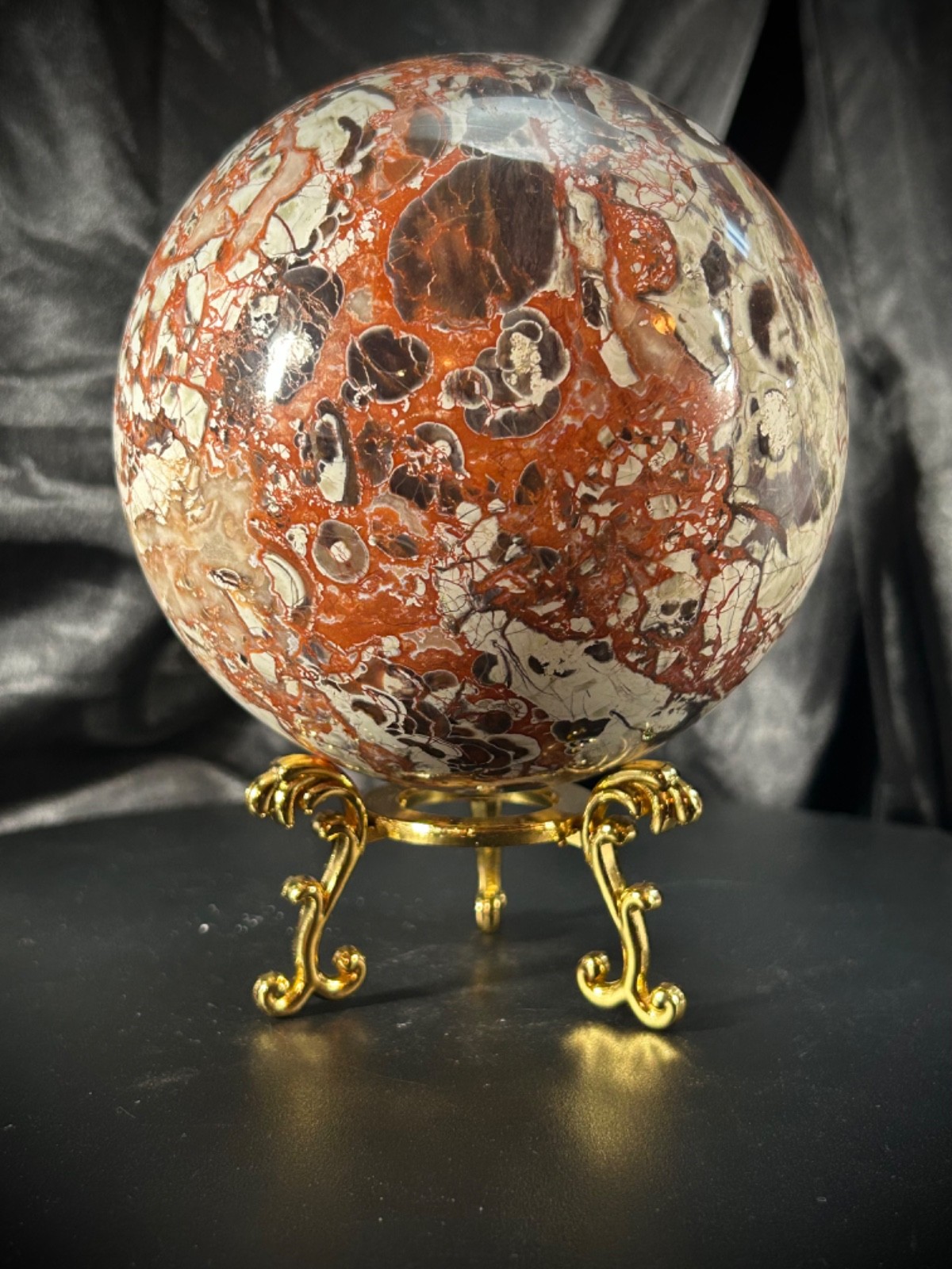 4.36″ Big Money Agate Sphere With Metal Stand 3lb 14.7oz (1777 grams)