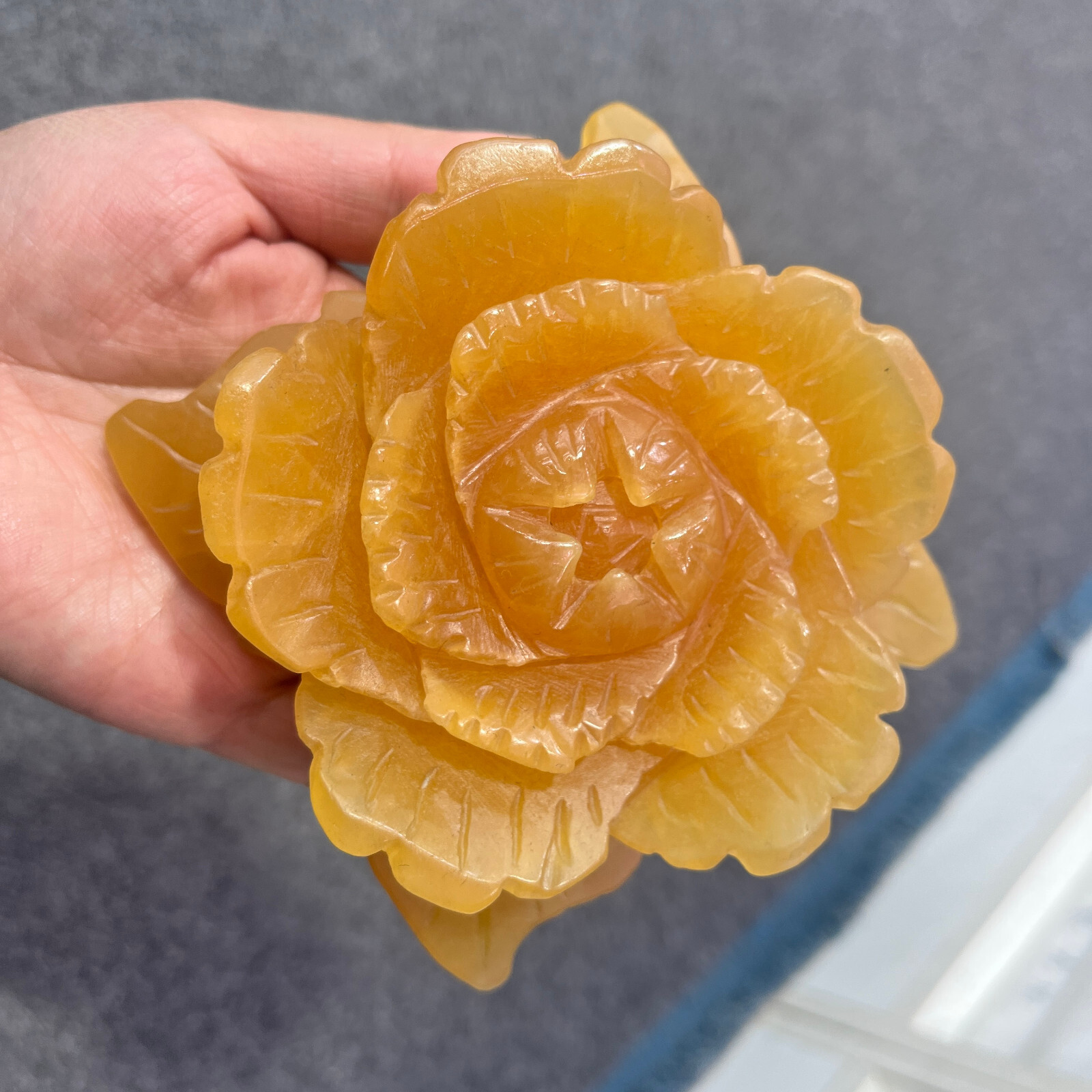1PC Natural yellow calcite Quartz Carved Peony Flower Skull Crystal Reiki gift