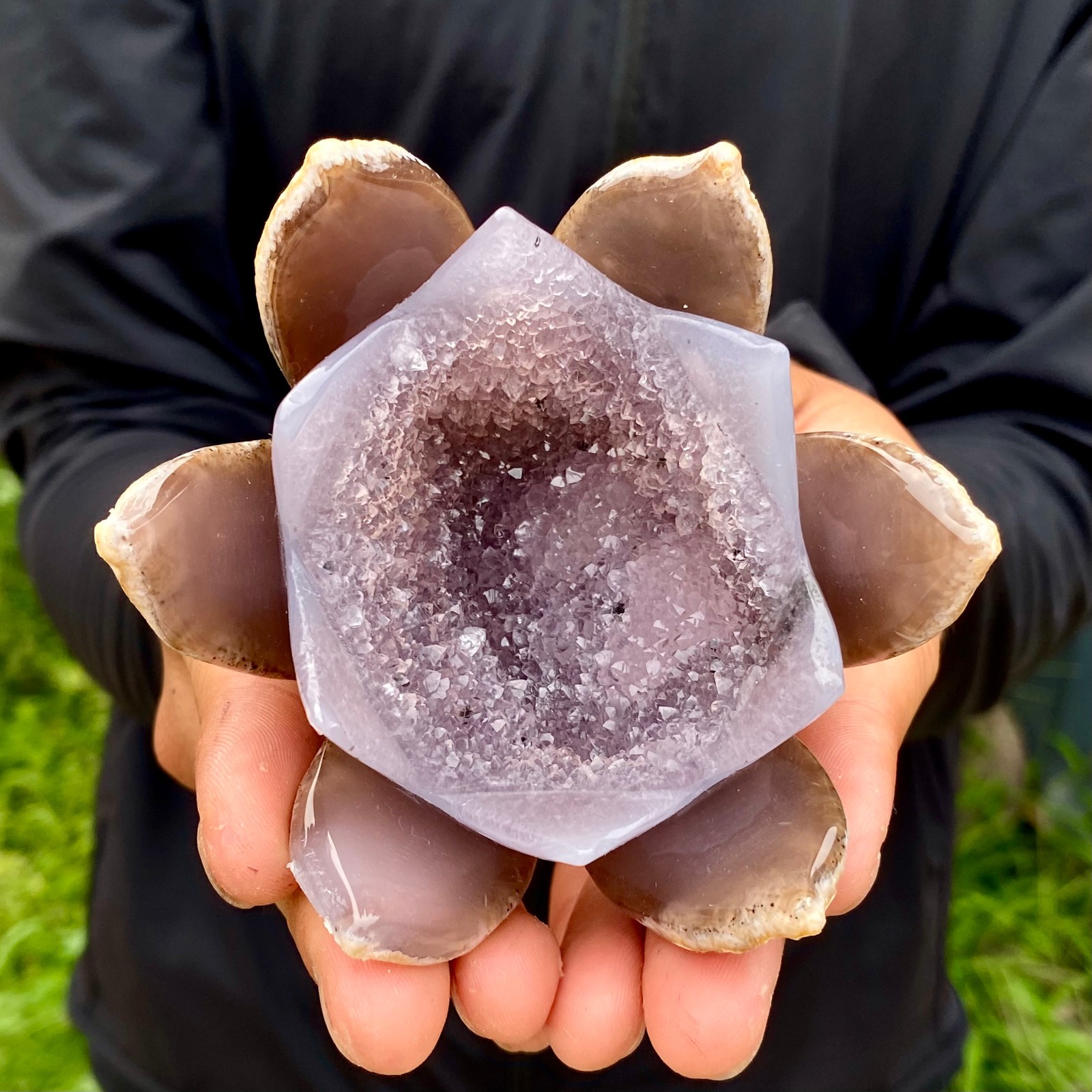 300G Natural Agate Geode Carved Lotus Flower, Hand Carved Healing Crystal Home