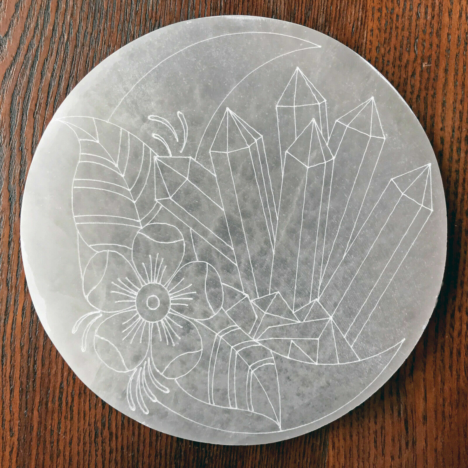 XL Selenite Charging Plate ” Moon Flower Engraved Crystal Round Disc Reiki Energ