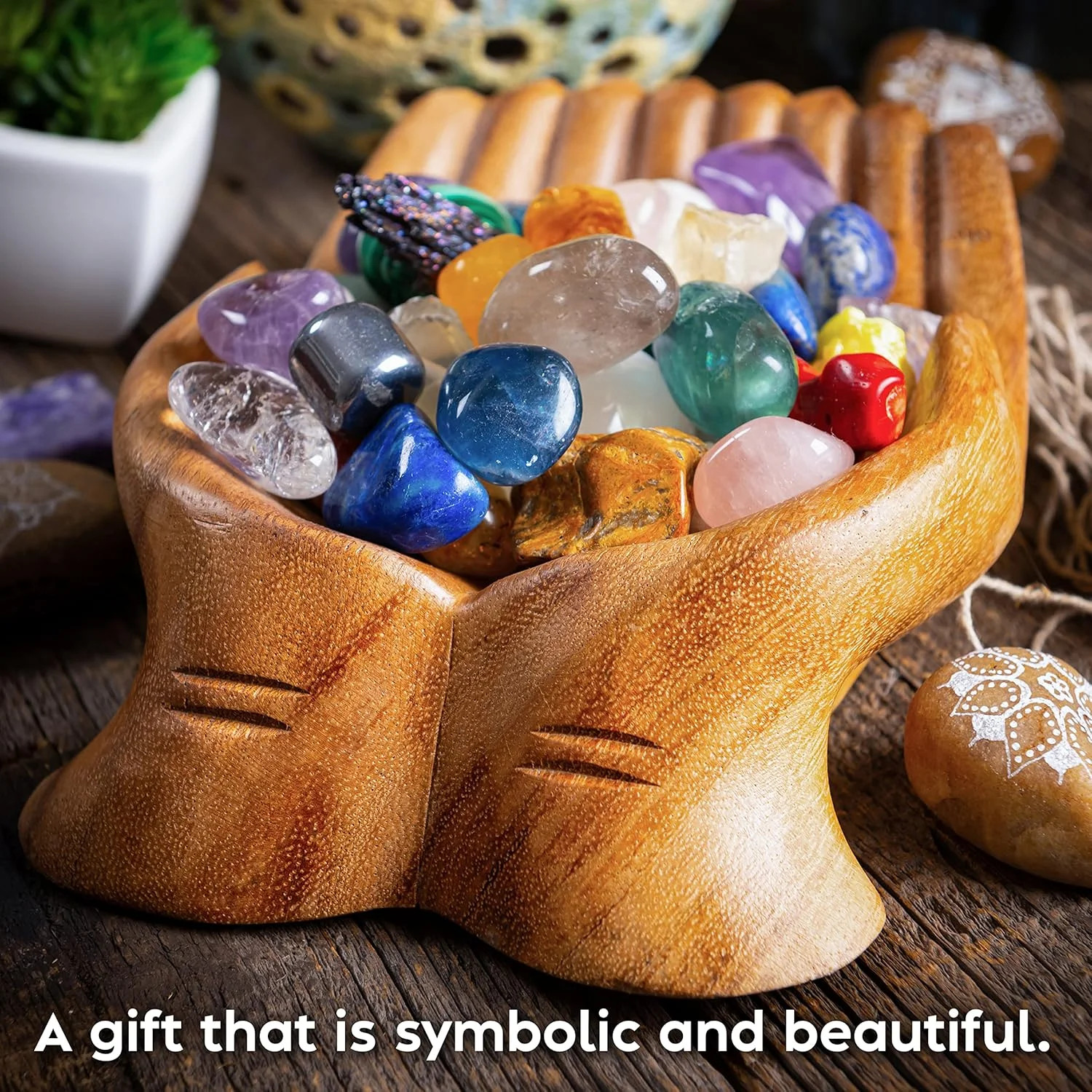 Wooden Hands Offering Bowl Crystal Holder Display Storage Tray Rock Display Case