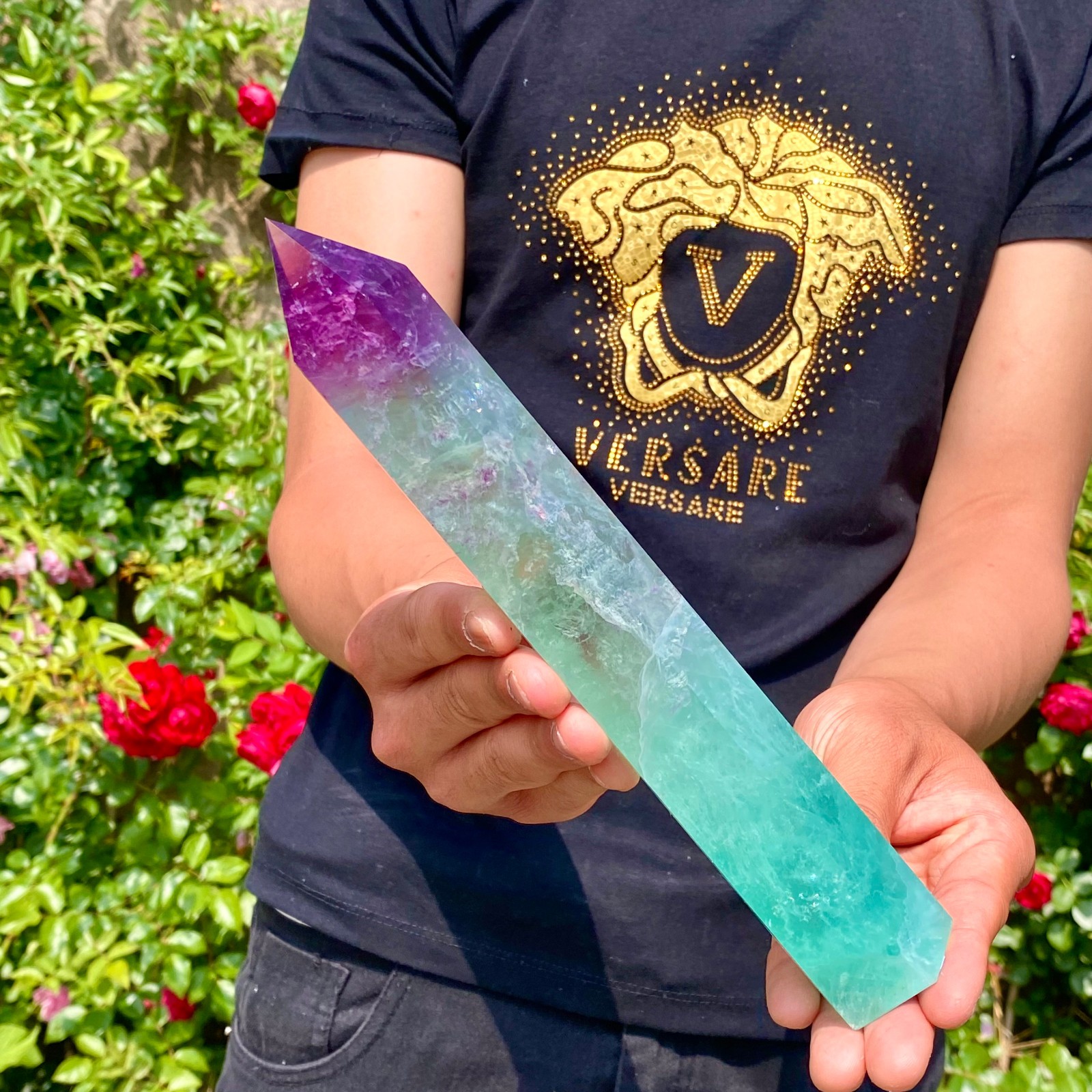 1.6LB Natural rainbow fluorite obelisk quartz crystal wand point Gem Healing