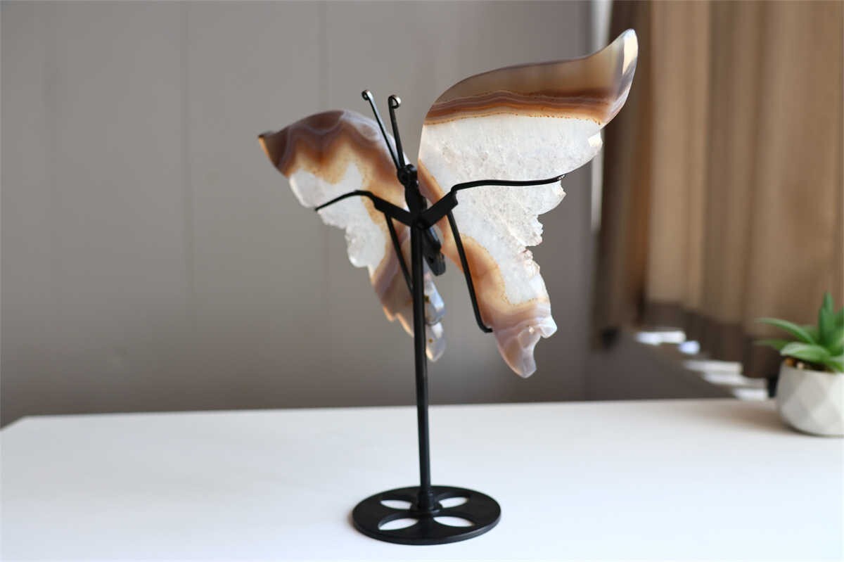730g Natural Geode Agate Carved Butterfly Wing Reiki Crystal Decor Gift + Stand