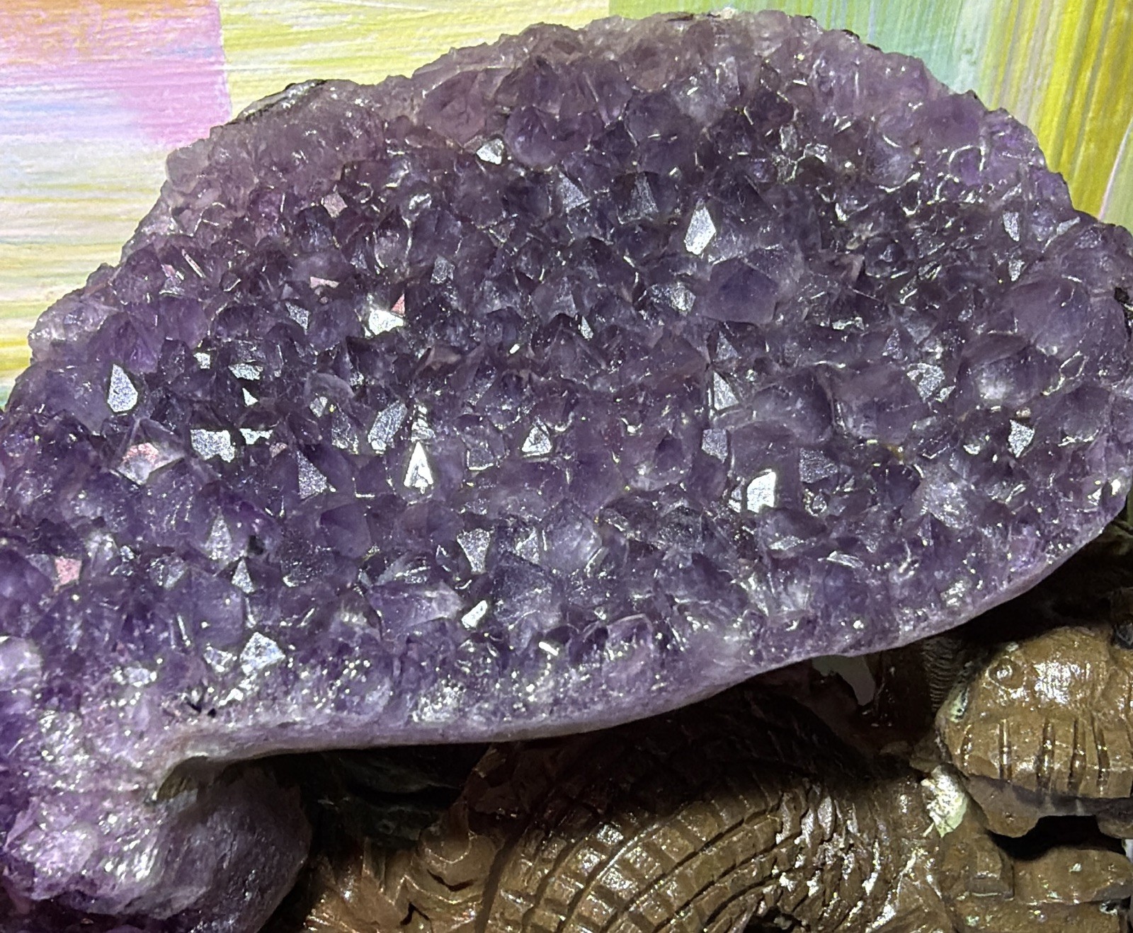 Purple Amethyst Cluster Crystal Mineral Display Specimen on Carved Dragon Stand