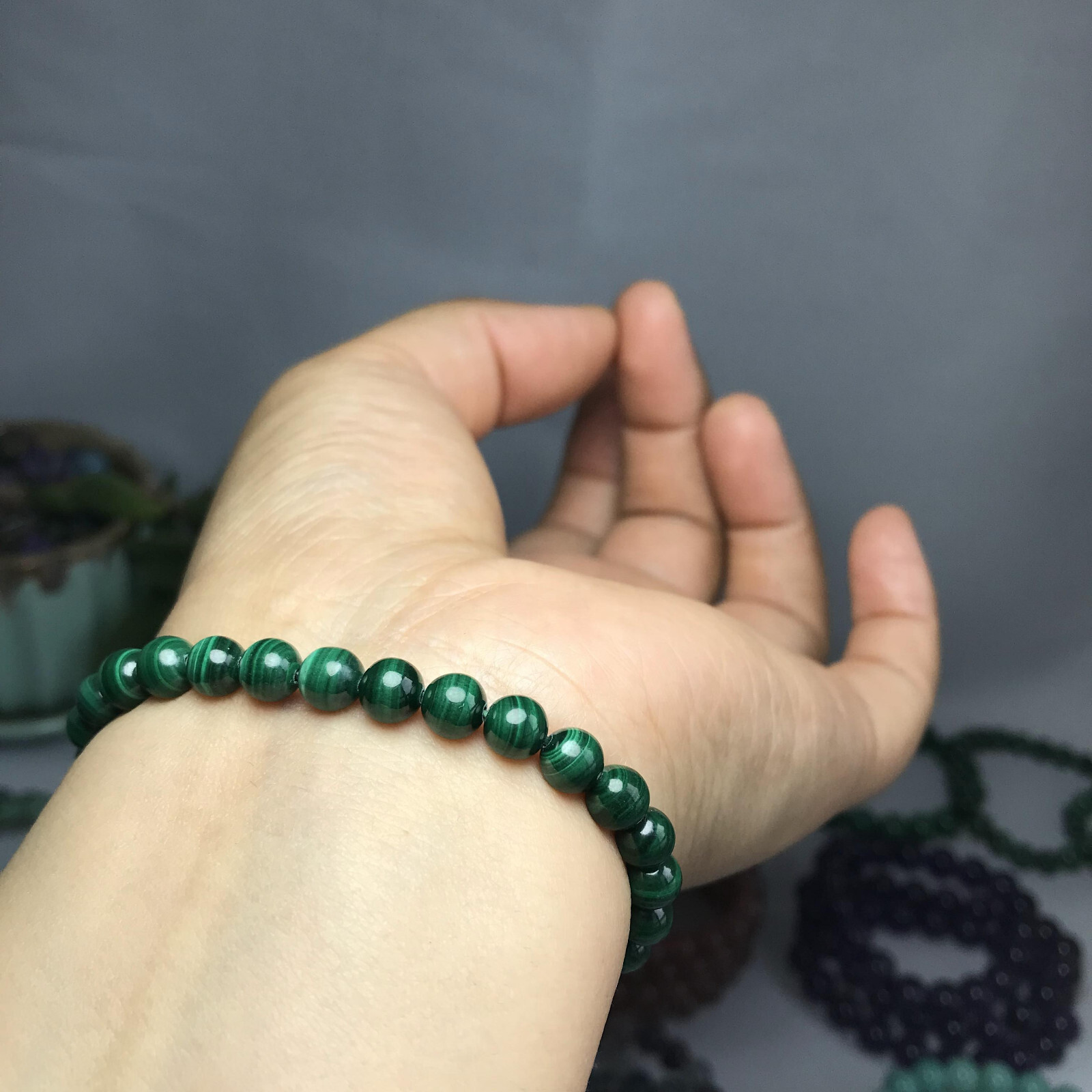 Natural malachite Polish stone bracelets Crystal ball sphere Specimen 6mm 13.8g