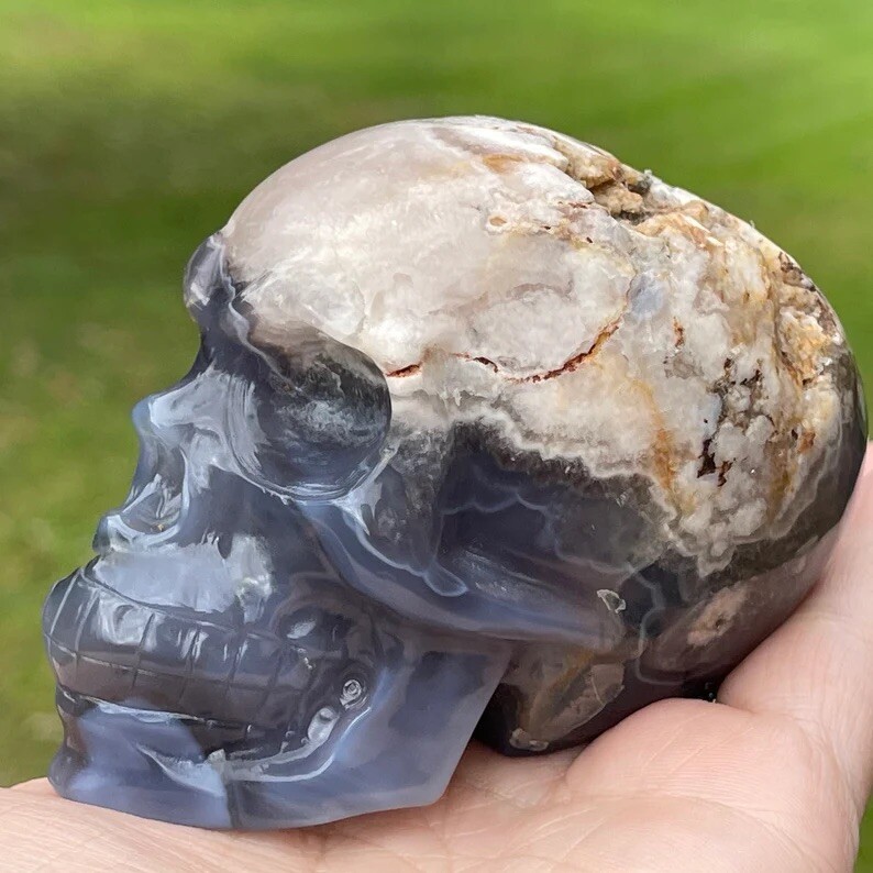 Natural Black Flower Agate W/Pink Amethyst Large Crystal Skull Gothic Home Decor