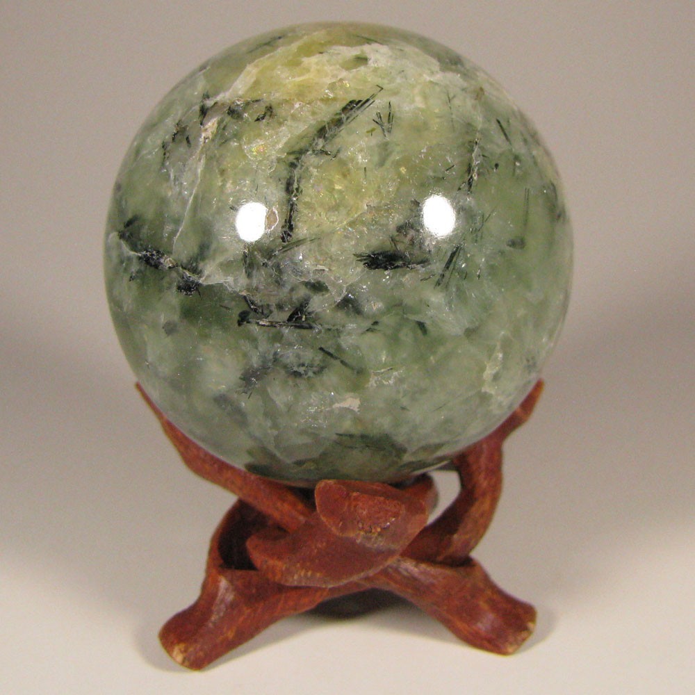 2.1″ Green PREHNITE w/ TOURMALINE, EPIDOTE Sphere w/ Stand – Australia – 53mm