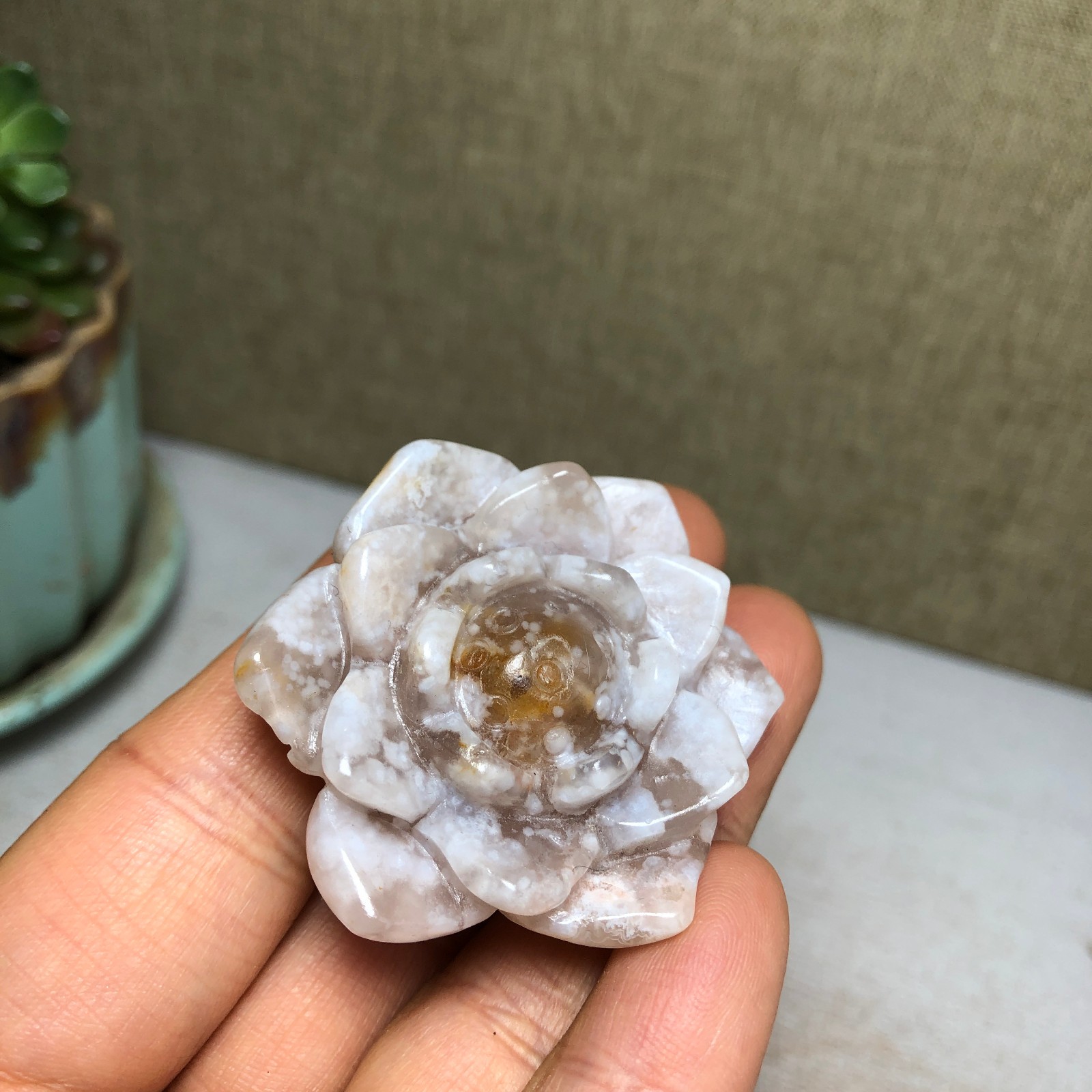 44mm Natural cherry blossom agate Hand carved flower Crystal specimens 38g A4456