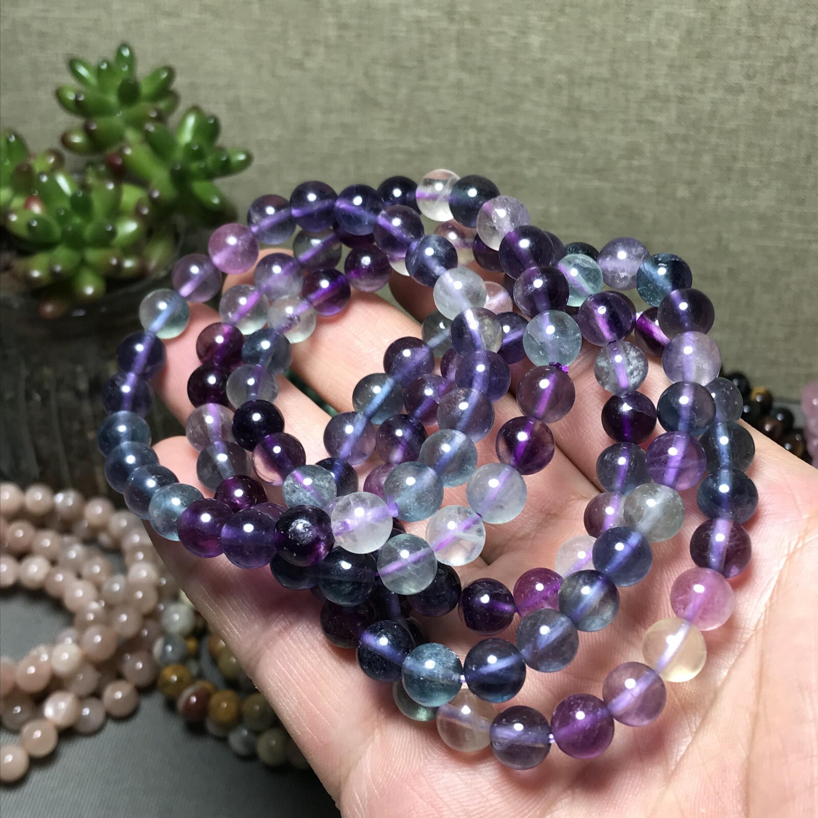 5Pcs Wholesal Natural Polish Rainbow color Fluorite crystal bracelets ball 8mm