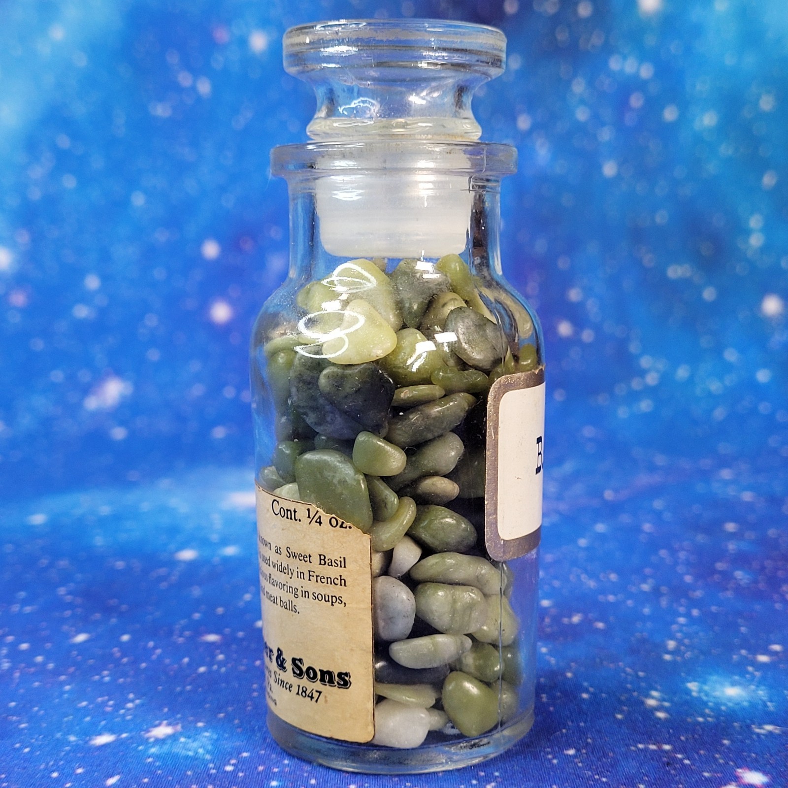 4oz Serpentine Crystal Tumbles in Apothecary Vintage Glass Jar Wagner Spice