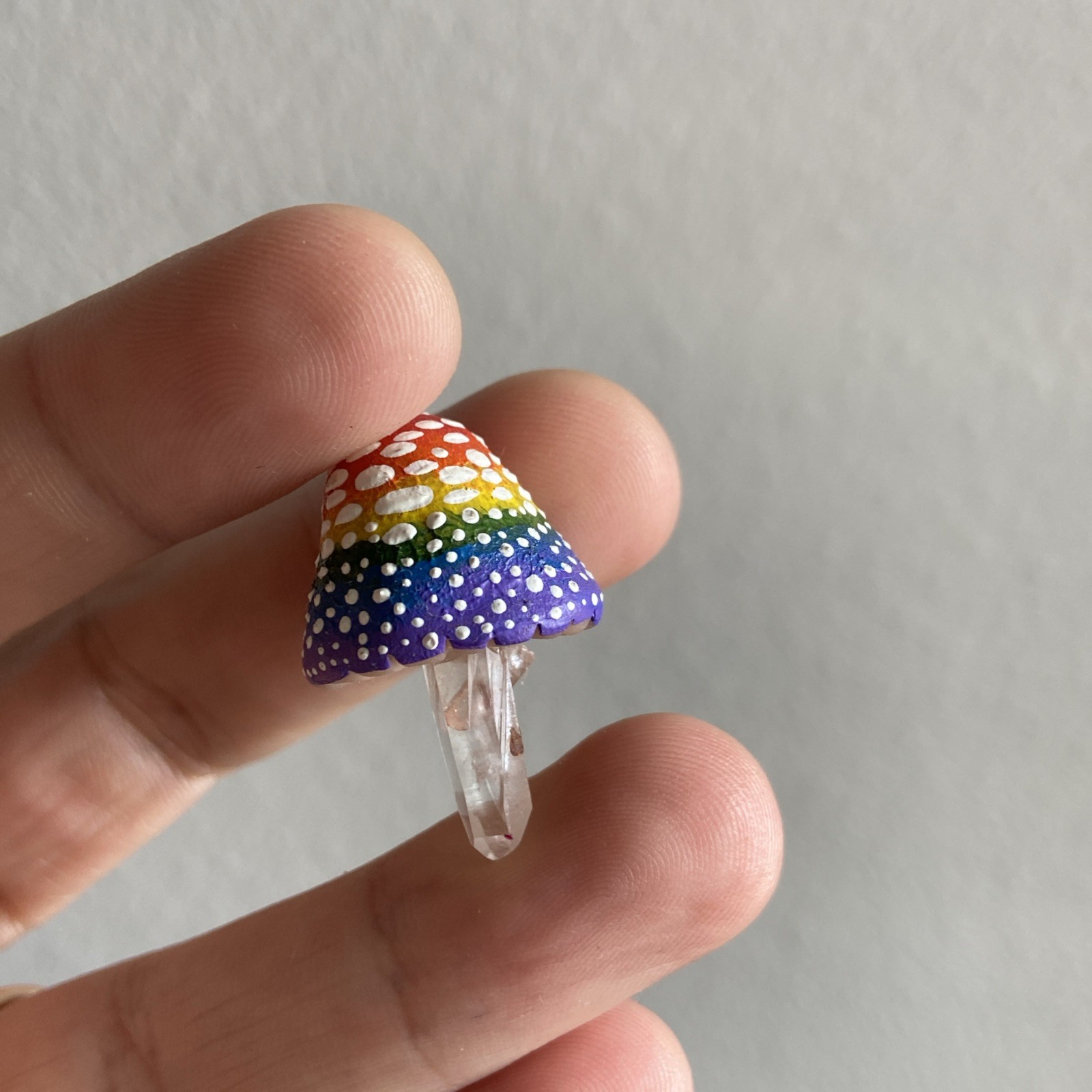 Handmade Clay Amanita Mushroom Lemurian Clear Quartz Crystal Point Rainbow Pride