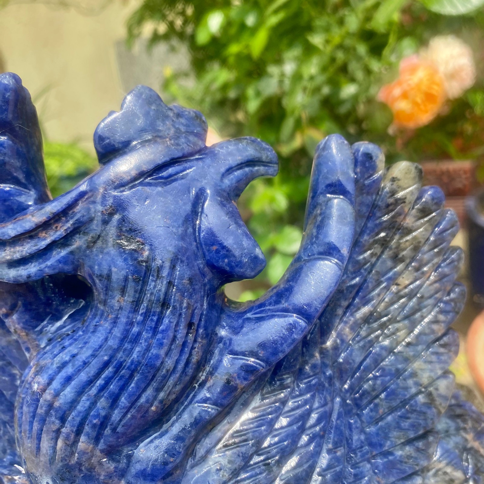 7.71LB Natural Blue Vein Stone Phoenix Carving, Home Decoration