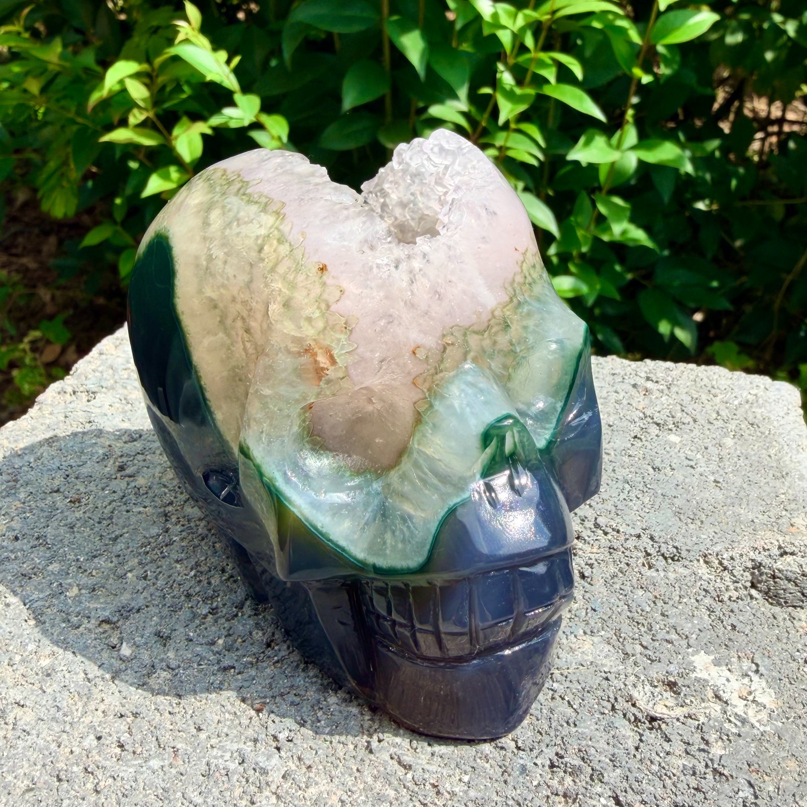 1.53lb Amethyst agate crystal cave skull, Rare hand carved skull specimen