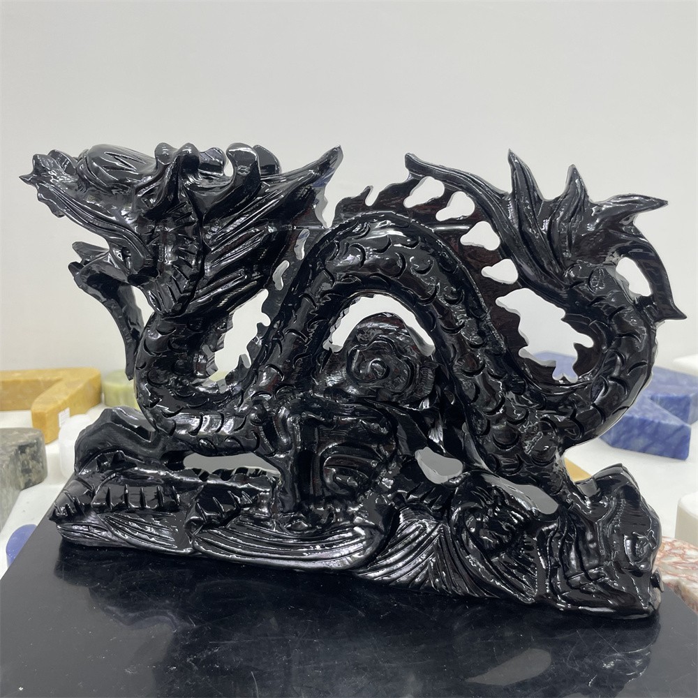 8.2LB 11.2″Natural Black Obsidian Dragon Crystal Healing Decor Ornament Reiki