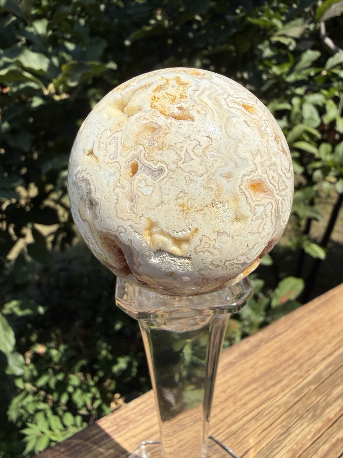 Pink Lace Agate Sphere 2.25 In With Tall Elegant Glass Stand 242g
