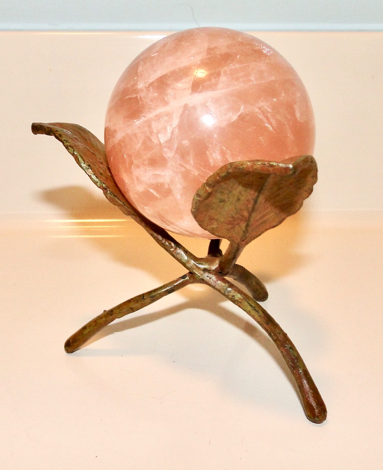 Pink ROSE QUARTZ ORB Ball Sphere + Brown Metal TWIG STAND 4 3/4″ Tall
