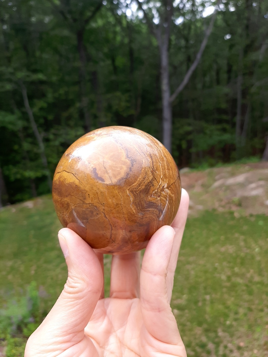 Banded Onyx Sphere Brown Tone Polished Stone Orb 3″ With Wood Stand