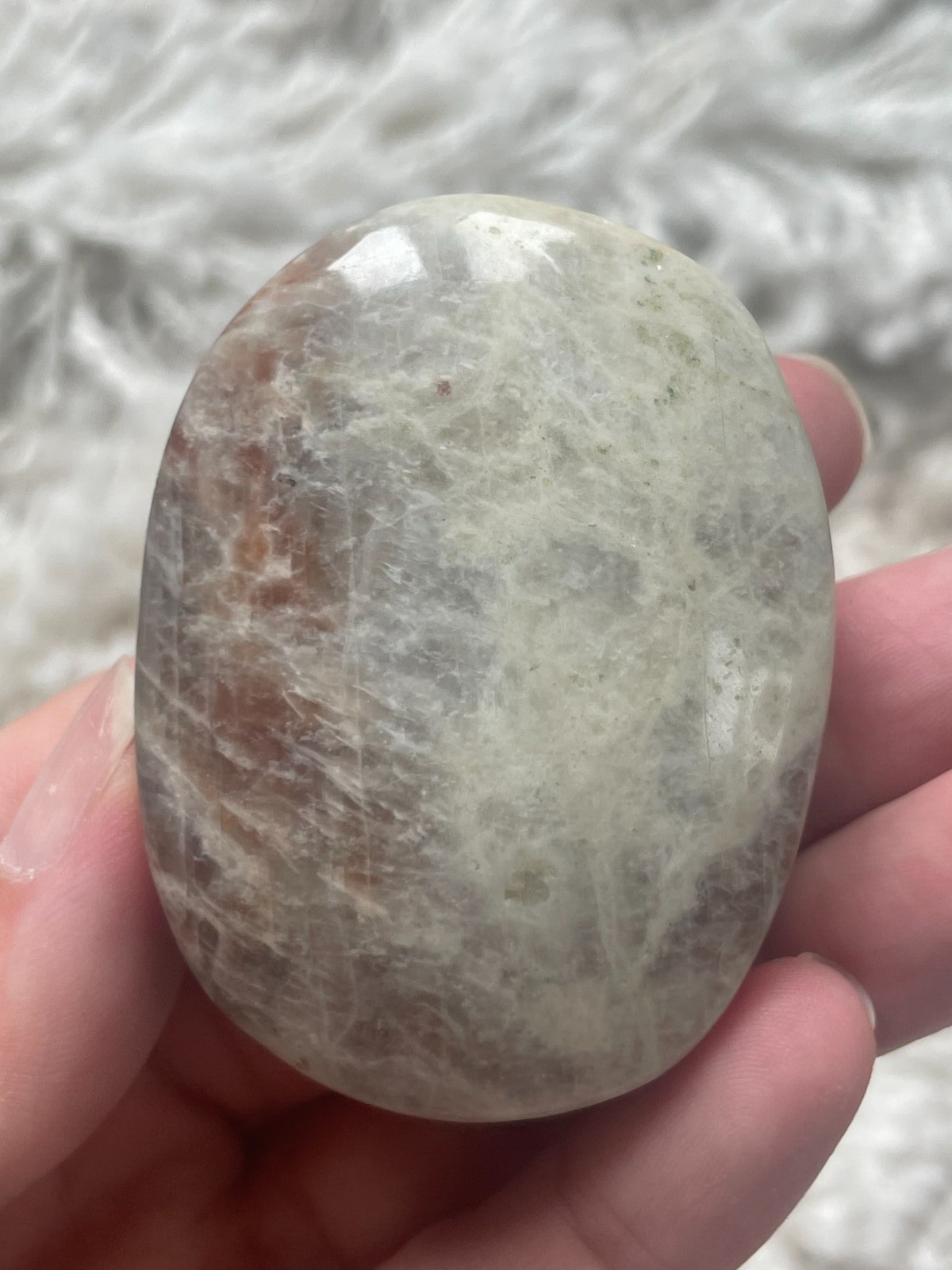 Rainbow Moonstone with Sunstone Palmstone, Medium – Blue & Silver Flashes (MZ)