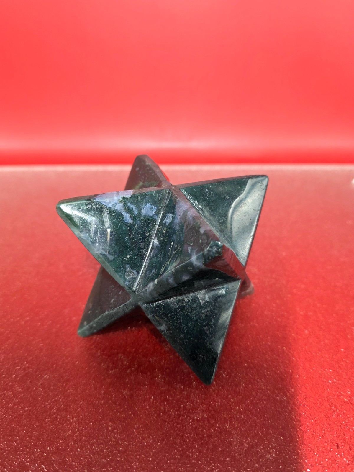 424g Moss Agate 8 Point Merkaba Star Carving Crystal Sacred Geometry Healing