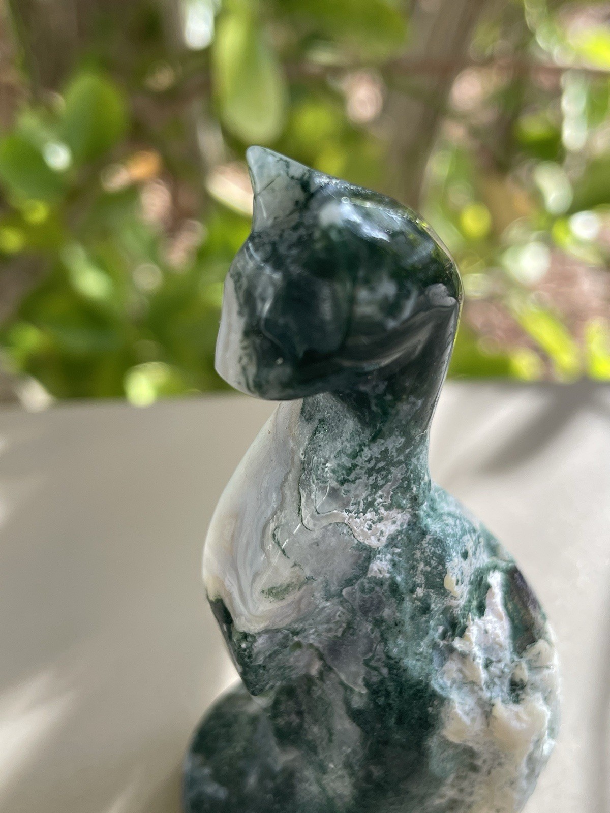 Moss Agate Crystal/Gemstone Sphynx Carving 64G 3″ x 1 1/4″