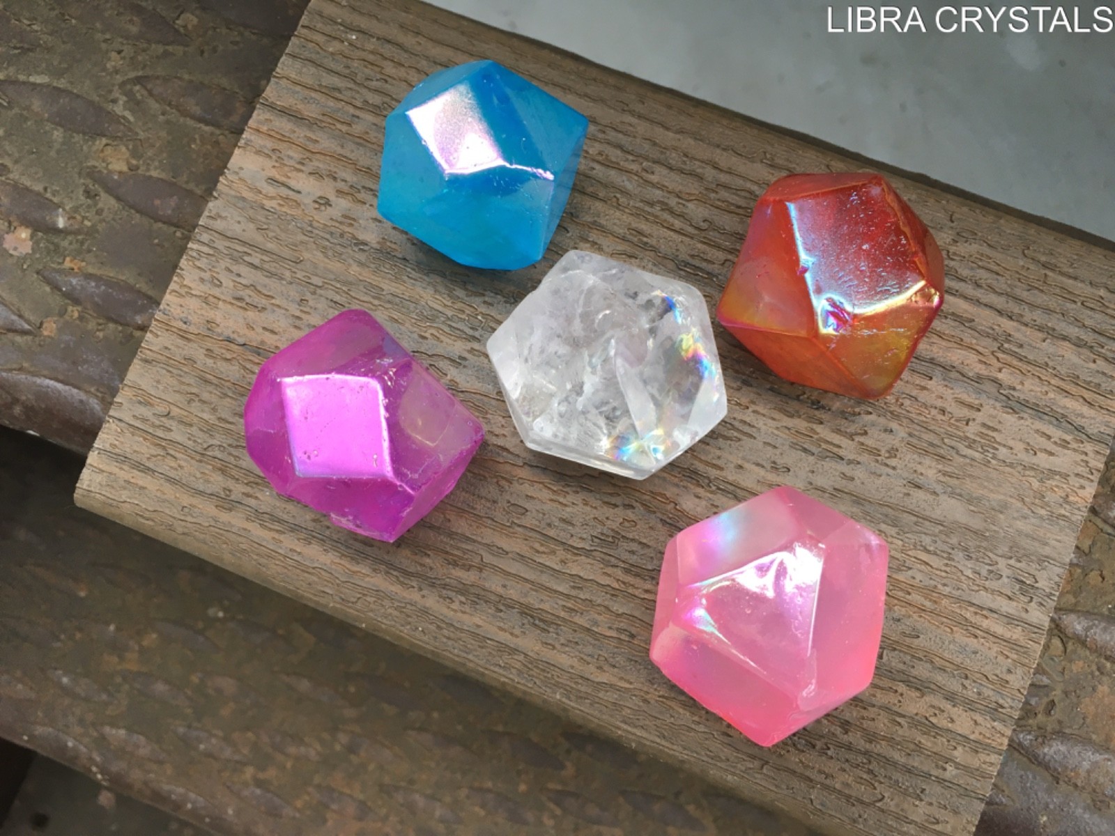Rainbow Aura Quartz Crystal Grid Set 5 Piece Sacred Geometry Divination Stones