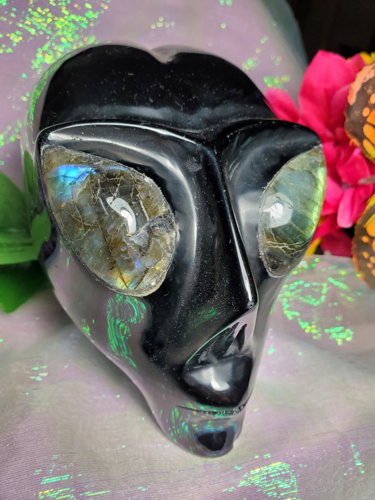 Beautiful 4″ Black Obsidian Lab Eyes Alien Star Being Head Skull Crystal Carving