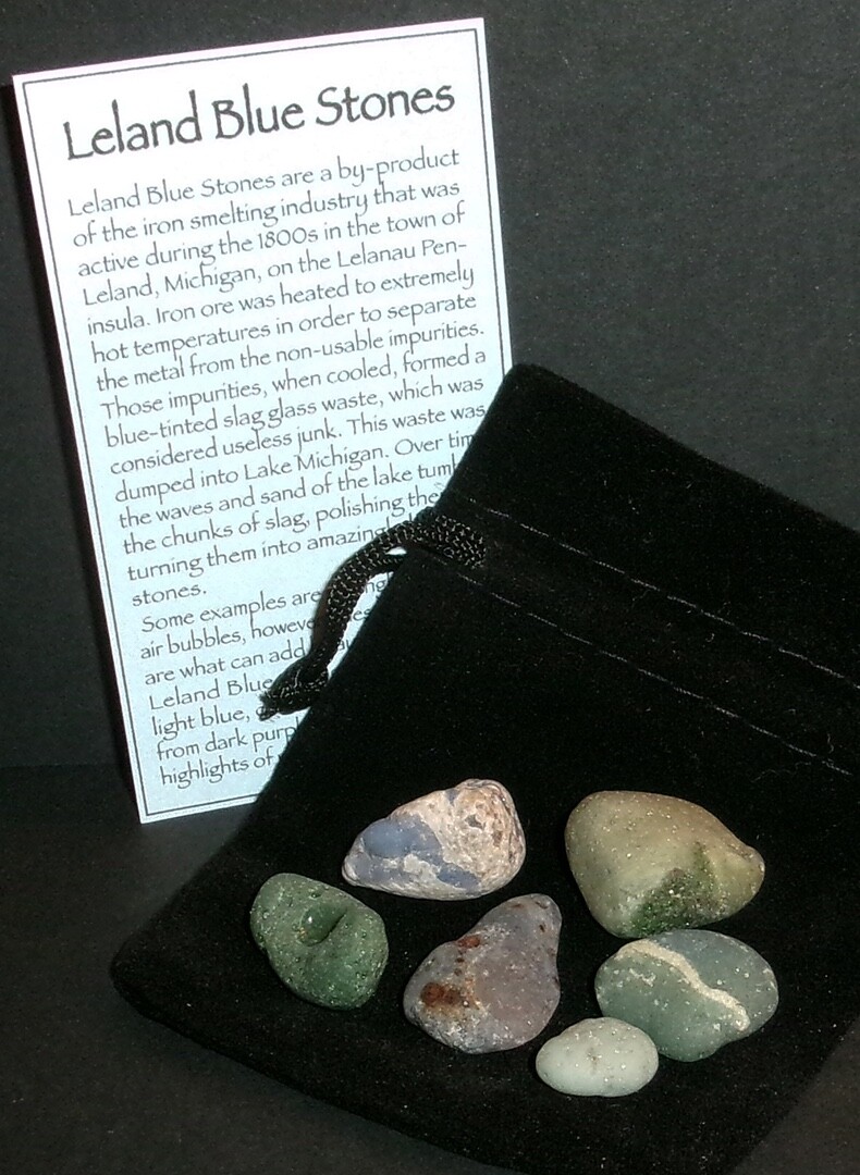 Leland Blue Stones in Black Velvet Bag Michigan Iron Ore Slag Glass Gems
