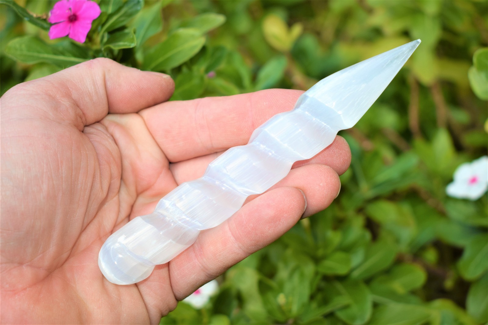 6″ Spiral Faceted Selenite Crystal Massage Wand + Baby Moroccan Selenite Heart