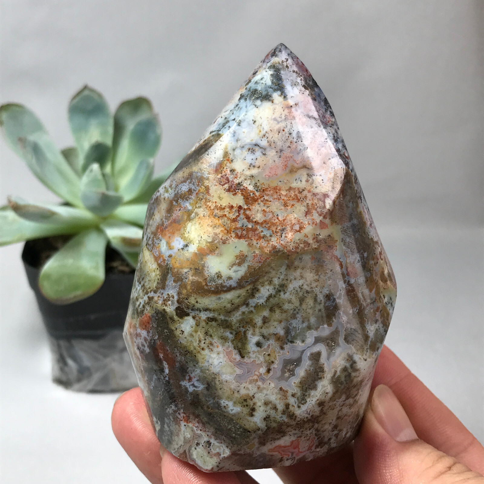 Natural Ocean Jasper torch Hand carve polish Crystal free standing 386g g6622