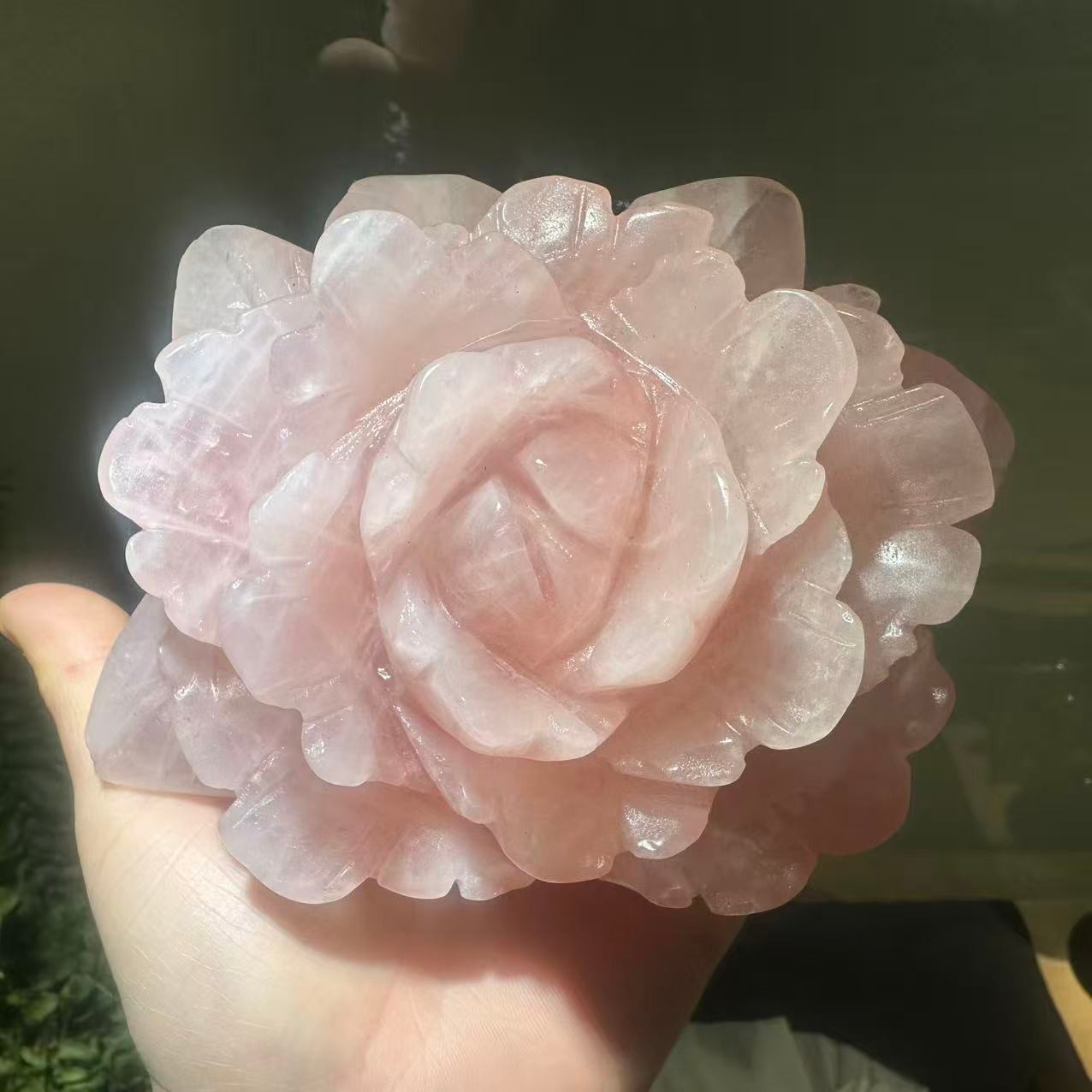 1pc Natural Pink Rose Quartz Carved Crystal Flower Skull Reiki Healing Decor