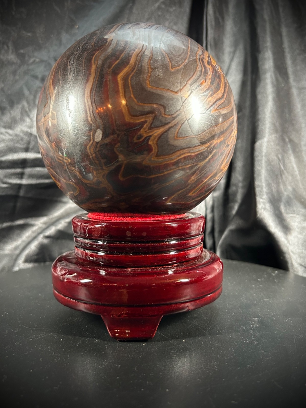 5″ Unique Tiger Iron (AKA Mugglestone) Sphere With Wood Swivel Stand 7lb 4.5oz