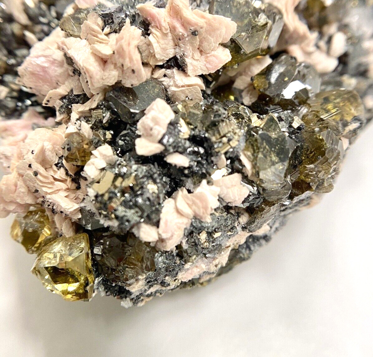 Rhodochrosite Pale Pink and Sphalerite Gem Golden and Black Crystals on Matrix