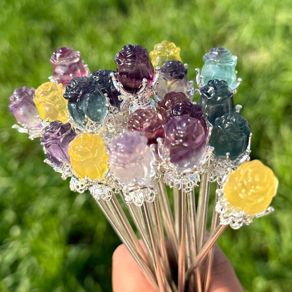 5pc Natural Fluorite Carved Rose Flower Hairpin Quartz Crystal Reiki Healing New