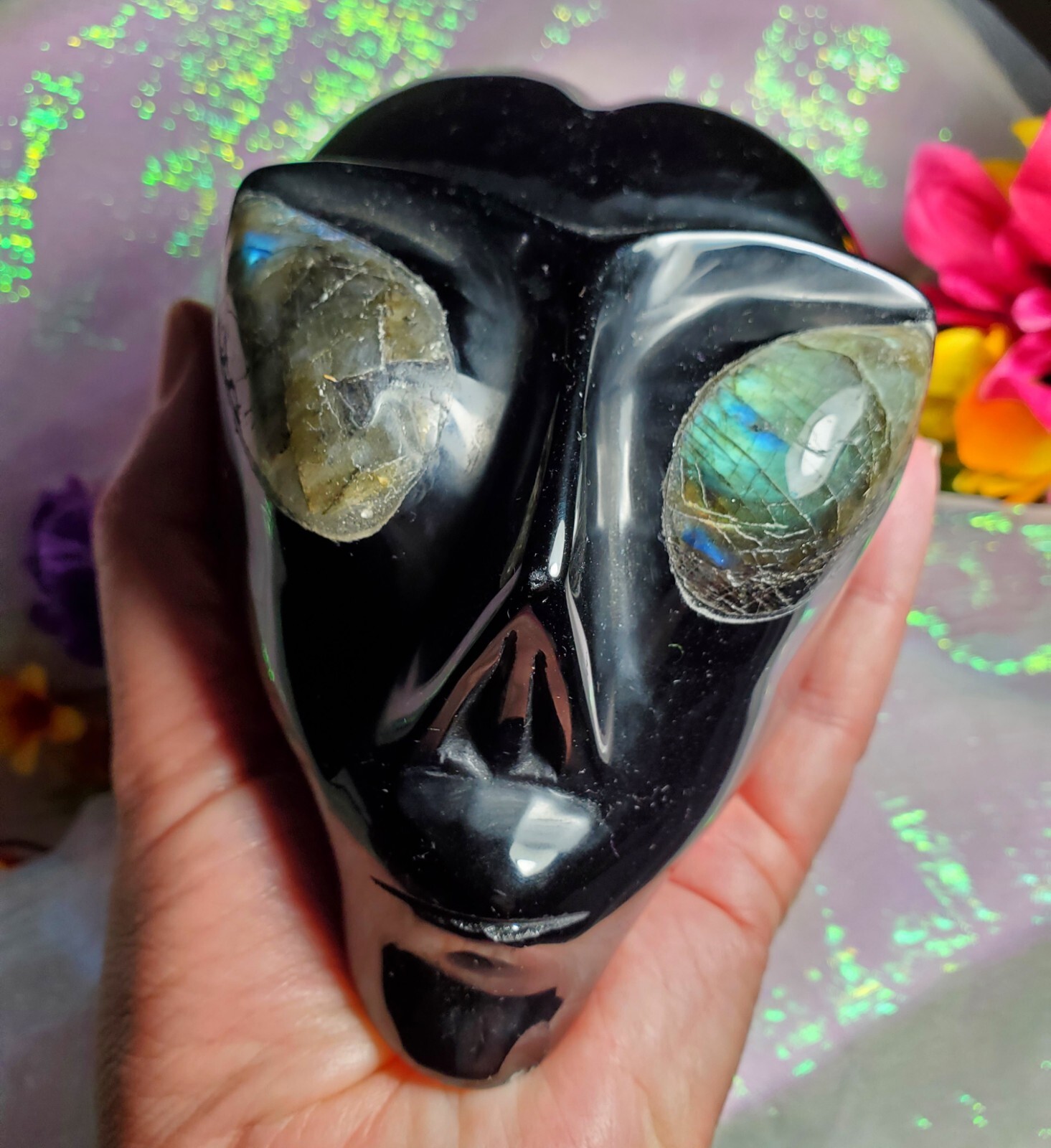 Beautiful 4″ Black Obsidian Lab Eyes Alien Star Being Head Skull Crystal Carving