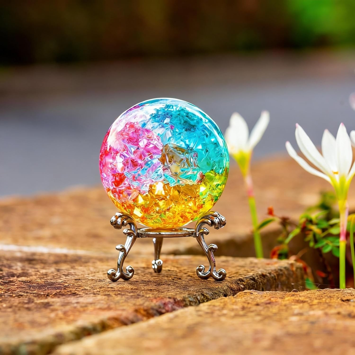 60mm Ice Cracked Crystal Ball Paperweight with Stand Decorative Healing Glass Ba
