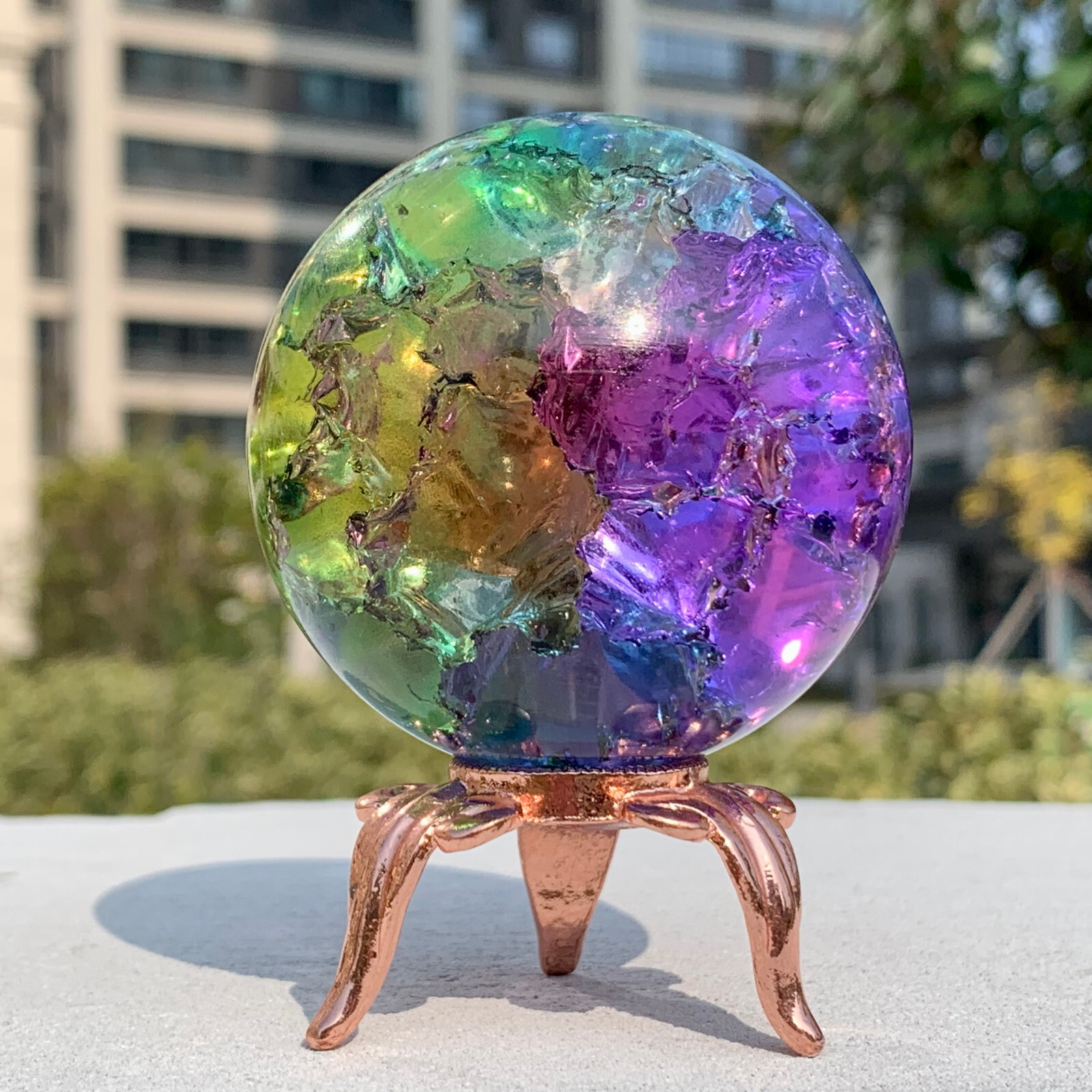 279G Natural Titanium Rainbow Quartz sphere Crystal ball Healing+stand