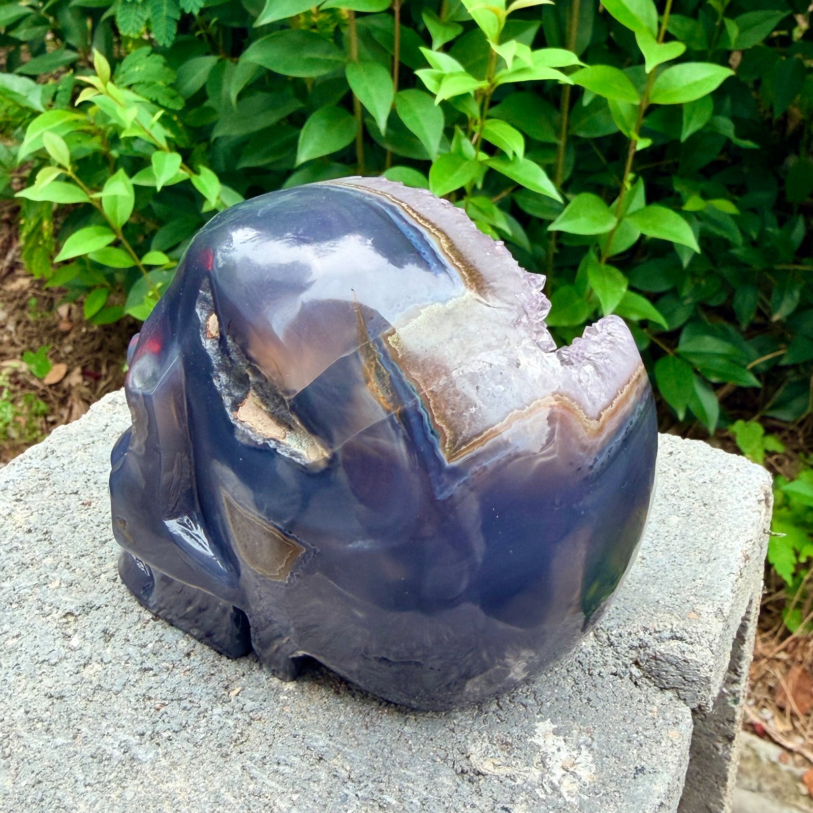 2.33lb Amethyst agate crystal cave skull, Rare hand carved skull specimen