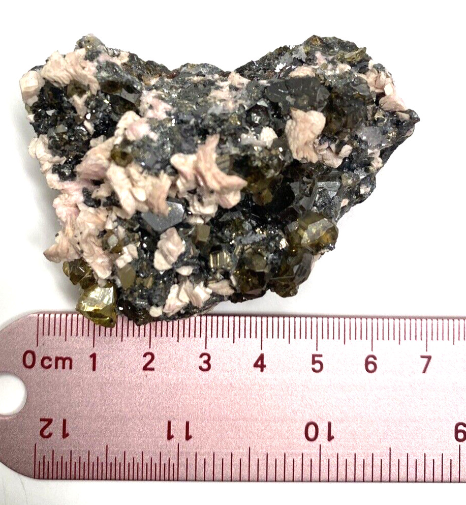 Rhodochrosite Pale Pink and Sphalerite Gem Golden and Black Crystals on Matrix