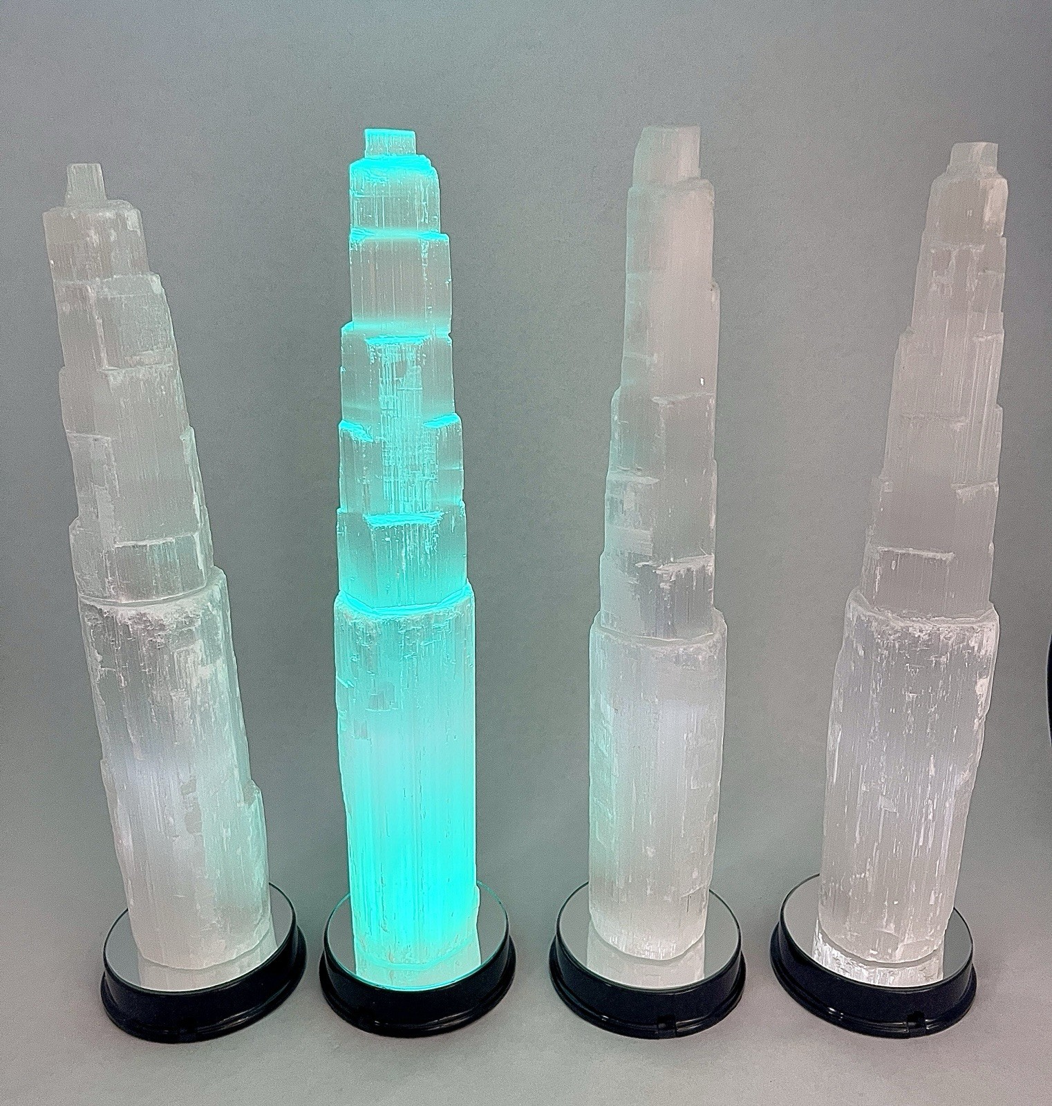 12” Display Crystals Of Satin Spar Tower W/ 6 Color LED Light Stands Included!