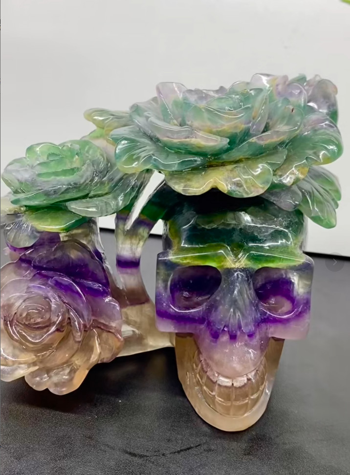8.6LB Natural Color Fluorite Quartz Carved Flower Skull Crystal Reiki Decor Gift