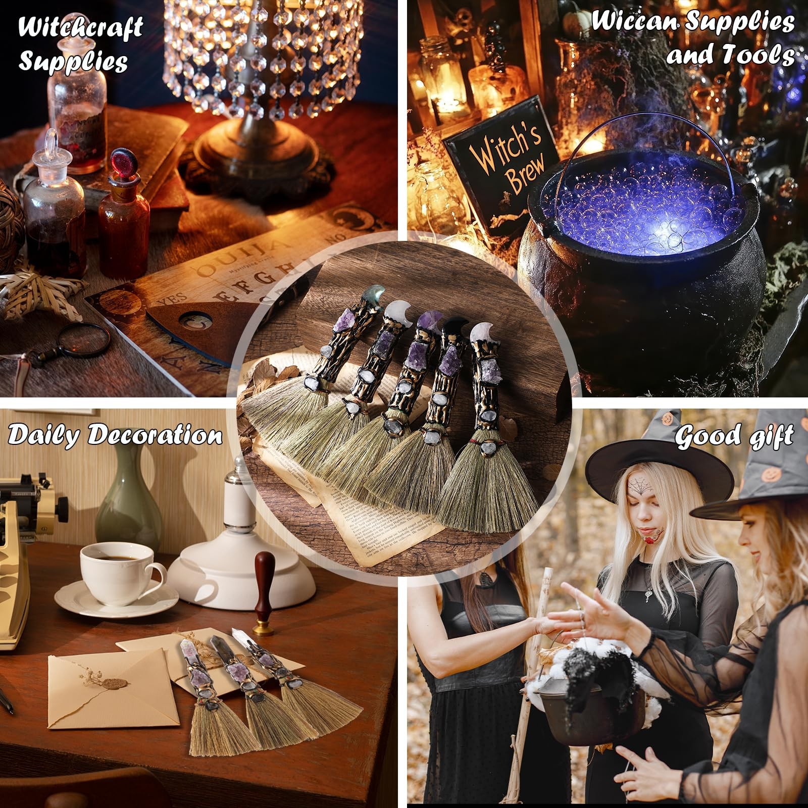 Crystal Witch Altar Broom Moon Design Amethyst Natural Healing Crystals Reiki