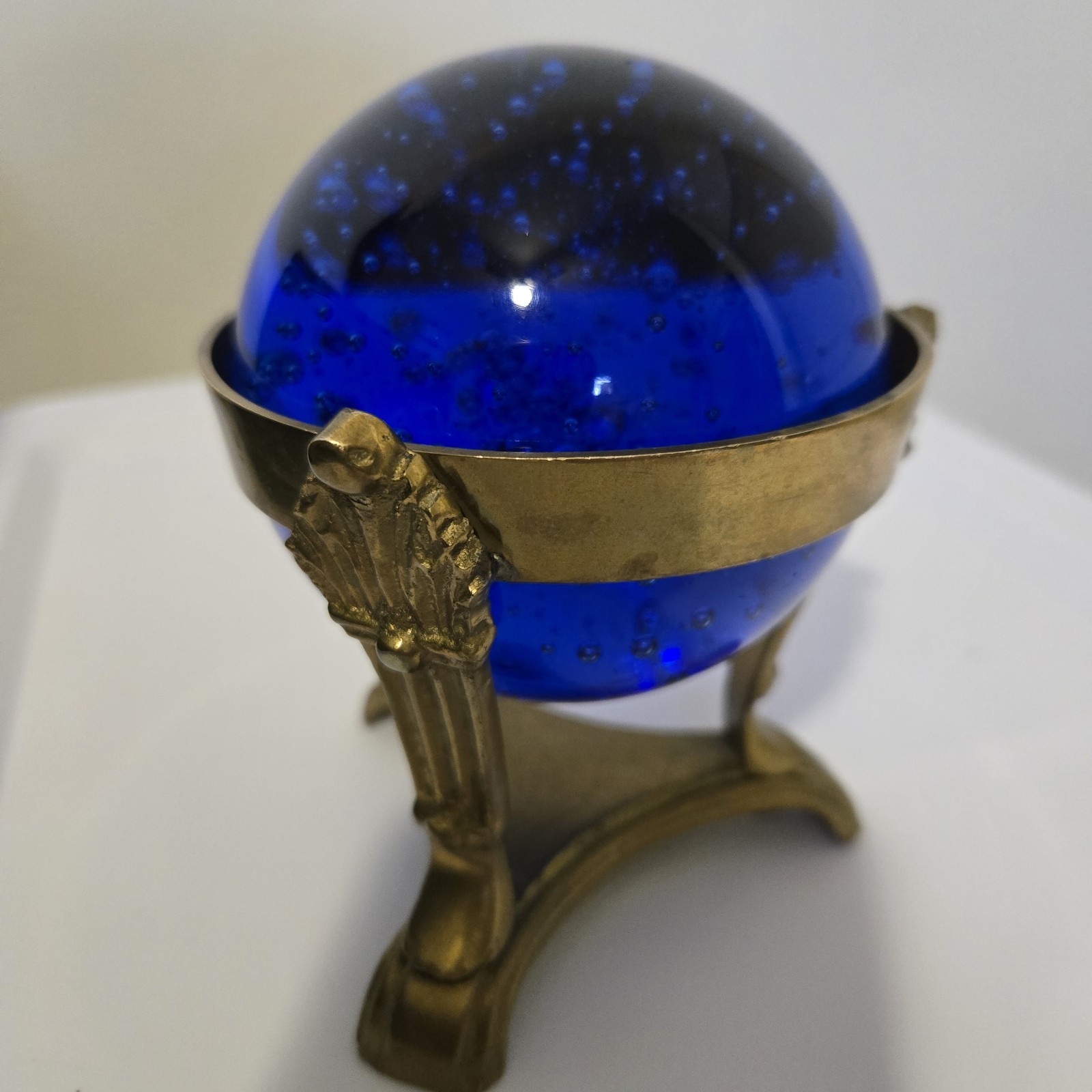 COBALT BLUE CRYSTAL GLASS BALL with BRASS STAND Fortune SPHERE Bubbles